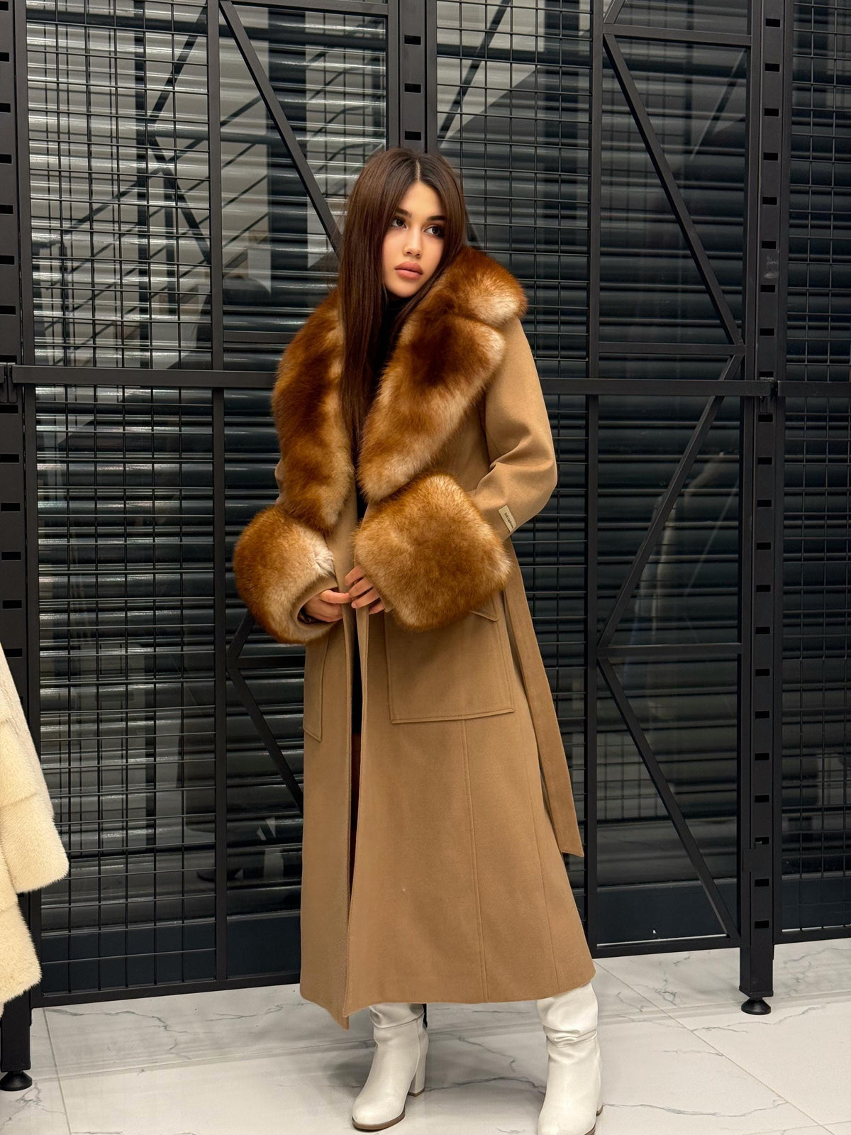 Camel Long Cashmere Collar&Cuffs Huge Fox Fur Coat, Women Fox Fur Jacket. - Camel Fox Fur Jacket -Fox Fur Jacket