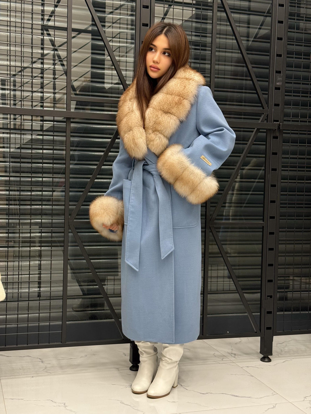 Sky Blue Luxury Cashmere Coat With Fox Fur Trim | Collar Cuffs Fox Fur Coat | Plus Size Long Belted Wool Coat For Women, Fox Fur Coat