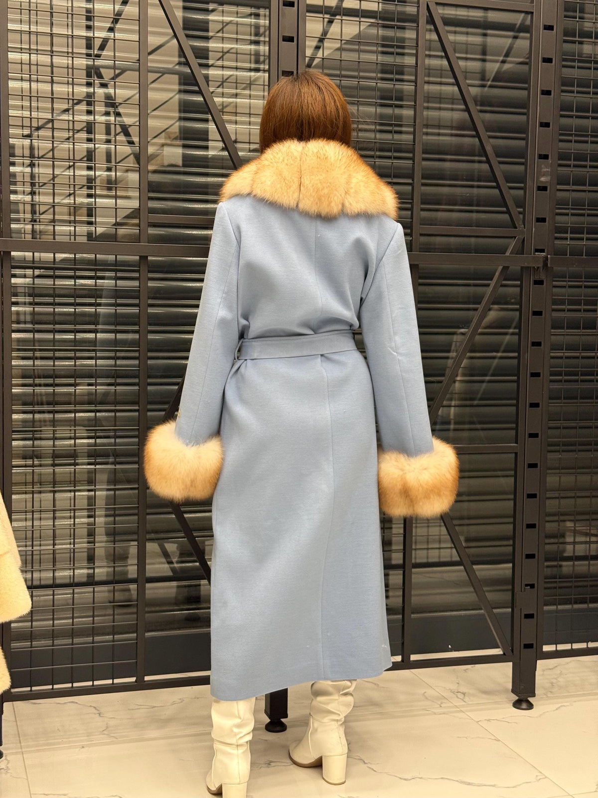 Sky Blue Luxury Cashmere Coat With Fox Fur Trim | Collar Cuffs Fox Fur Coat | Plus Size Long Belted Wool Coat For Women, Fox Fur Coat