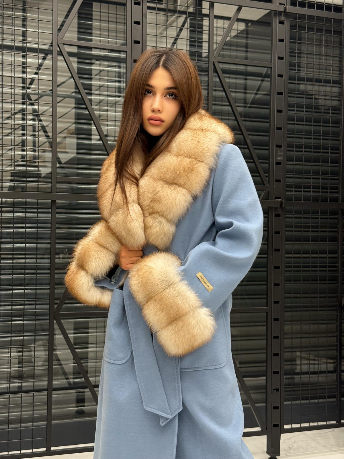 Sky Blue Luxury Cashmere Coat With Fox Fur Trim | Collar Cuffs Fox Fur Coat | Plus Size Long Belted Wool Coat For Women, Fox Fur Coat