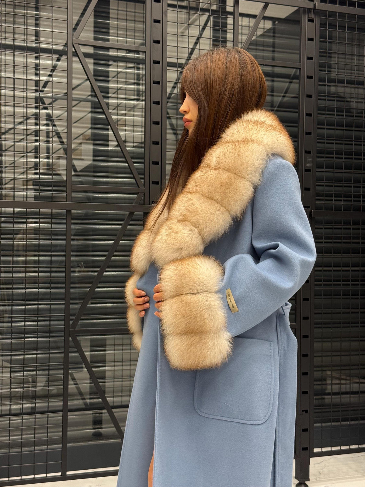 Sky Blue Luxury Cashmere Coat With Fox Fur Trim | Collar Cuffs Fox Fur Coat | Plus Size Long Belted Wool Coat For Women, Fox Fur Coat