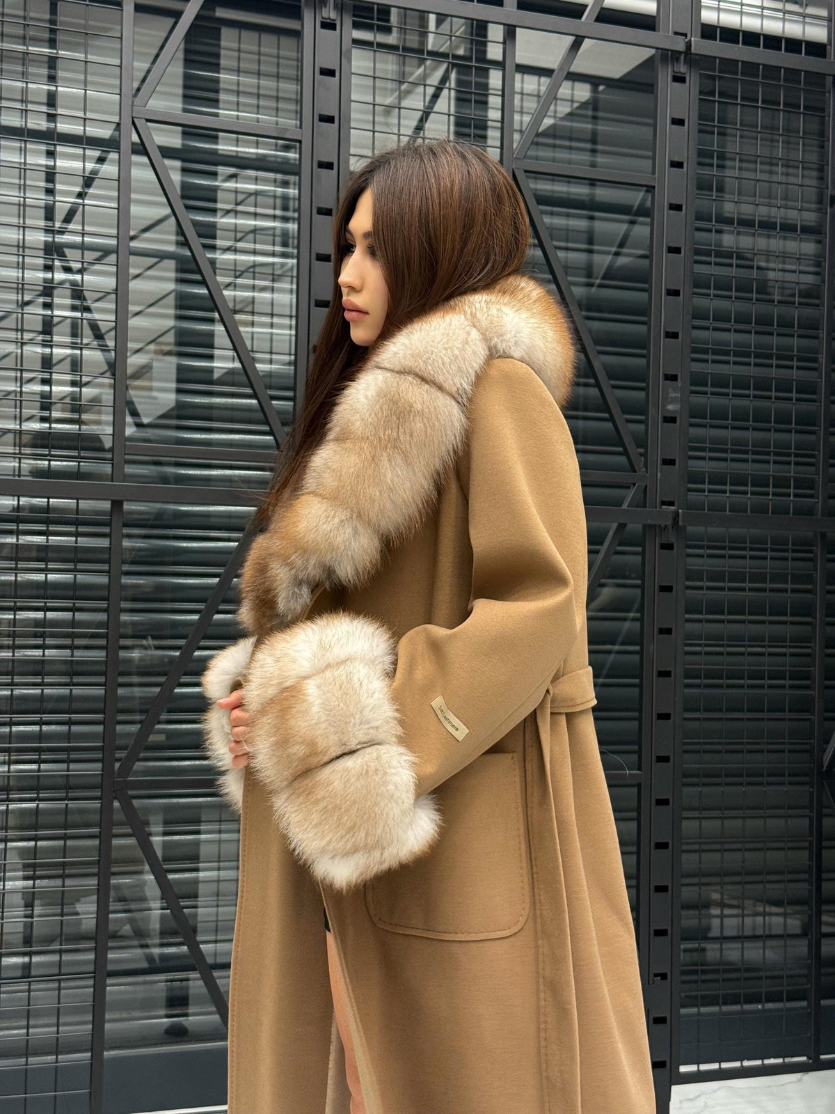 Camel Long Cashmere Collar&Cuffs Huge Fox Fur Coat, Women Fox Fur Jacket. - Camel Fox Fur Jacket -Fox Fur Jacket