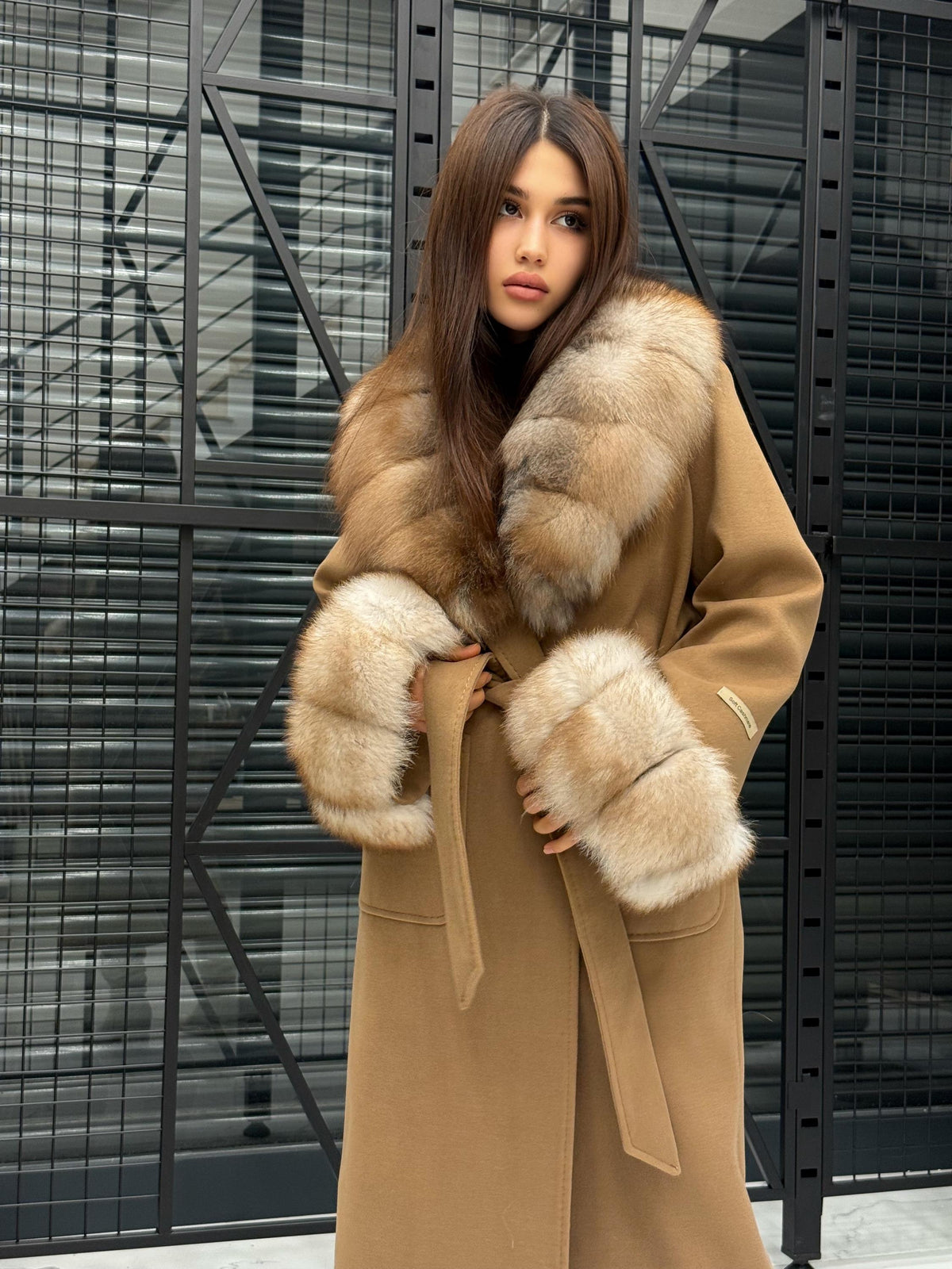 Camel Long Cashmere Collar&Cuffs Huge Fox Fur Coat, Women Fox Fur Jacket. - Camel Fox Fur Jacket -Fox Fur Jacket