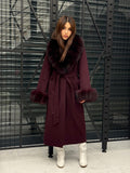 Burgundy Cashmere Collar&Cuffs Fox Fur Coat- Women Fox Fur Jacket. - Premium Burgundy Fox Fur Jacket