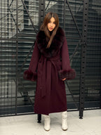 Burgundy Cashmere Collar&Cuffs Fox Fur Coat- Women Fox Fur Jacket. - Premium Burgundy Fox Fur Jacket