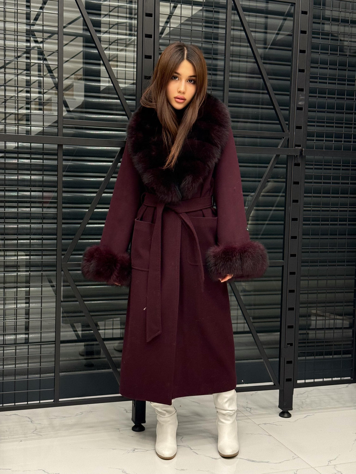 Burgundy Cashmere Collar&Cuffs Fox Fur Coat- Women Fox Fur Jacket. - Premium Burgundy Fox Fur Jacket