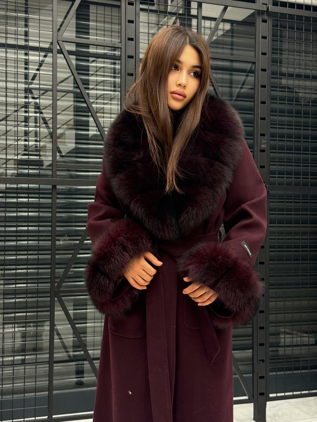 Burgundy Cashmere Collar&Cuffs Fox Fur Coat- Women Fox Fur Jacket. - Premium Burgundy Fox Fur Jacket
