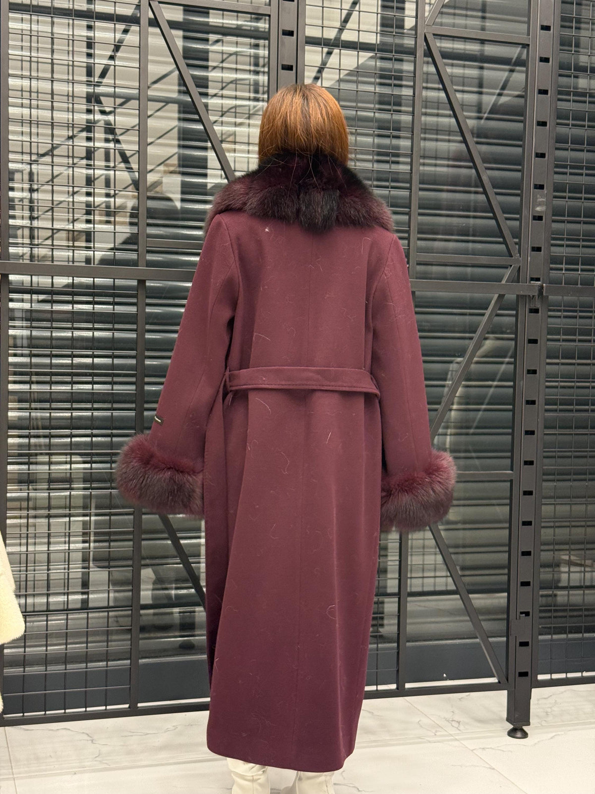 Burgundy Cashmere Collar&Cuffs Fox Fur Coat- Women Fox Fur Jacket. - Premium Burgundy Fox Fur Jacket