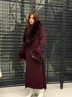 Burgundy Cashmere Collar&Cuffs Fox Fur Coat- Women Fox Fur Jacket. - Premium Burgundy Fox Fur Jacket