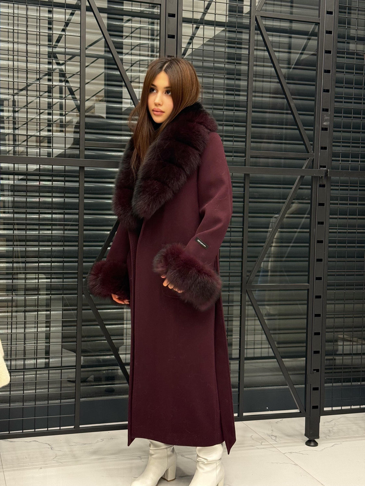 Burgundy Cashmere Collar&Cuffs Fox Fur Coat- Women Fox Fur Jacket. - Premium Burgundy Fox Fur Jacket