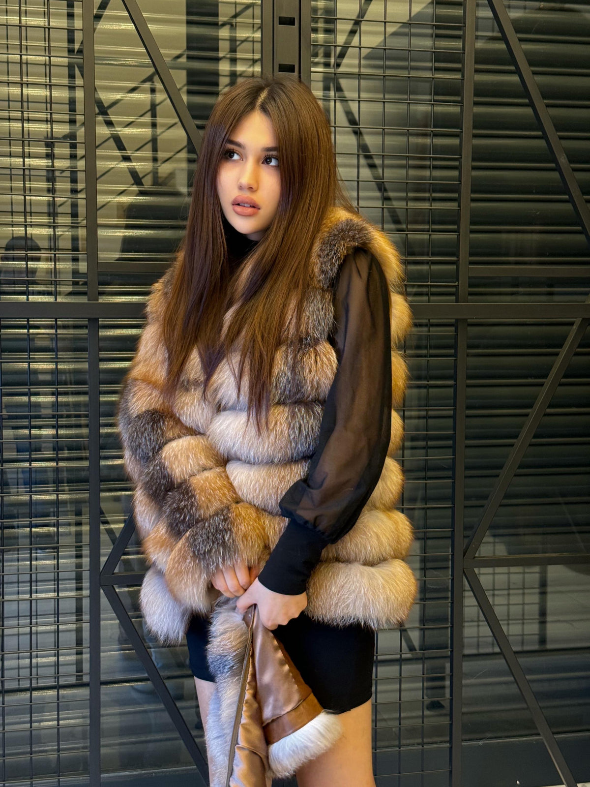 Luxury Frost Fox Fur Coat Detachable Sleeves, 2-in-1 Vest & Coat For Women
