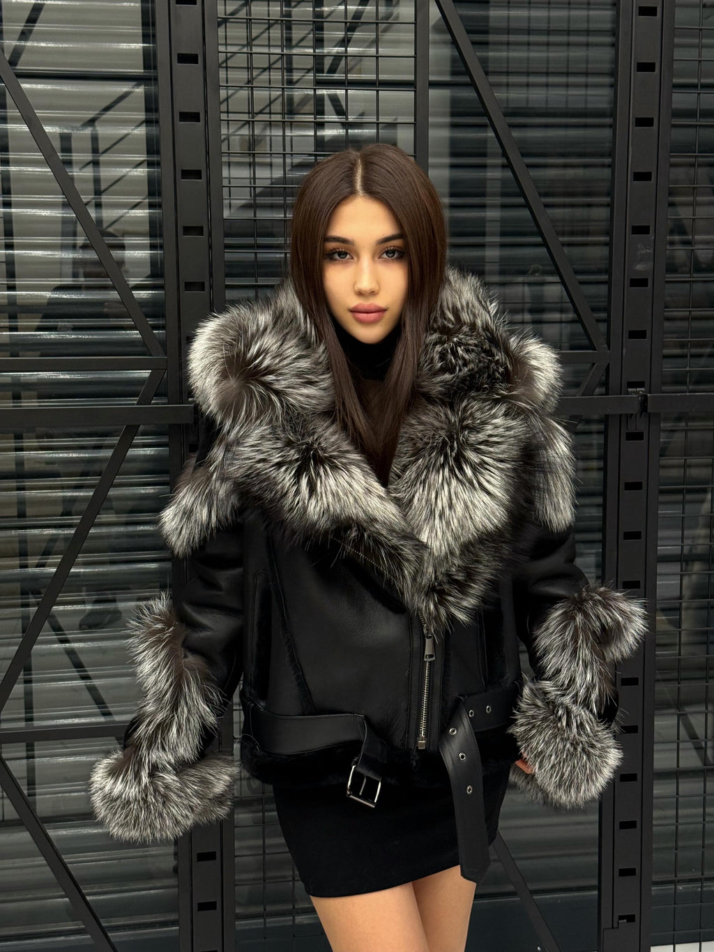 Black Unisex Biker Shearling Coat, Handmade Short Lambskin Argentina Fox Fur Jacket