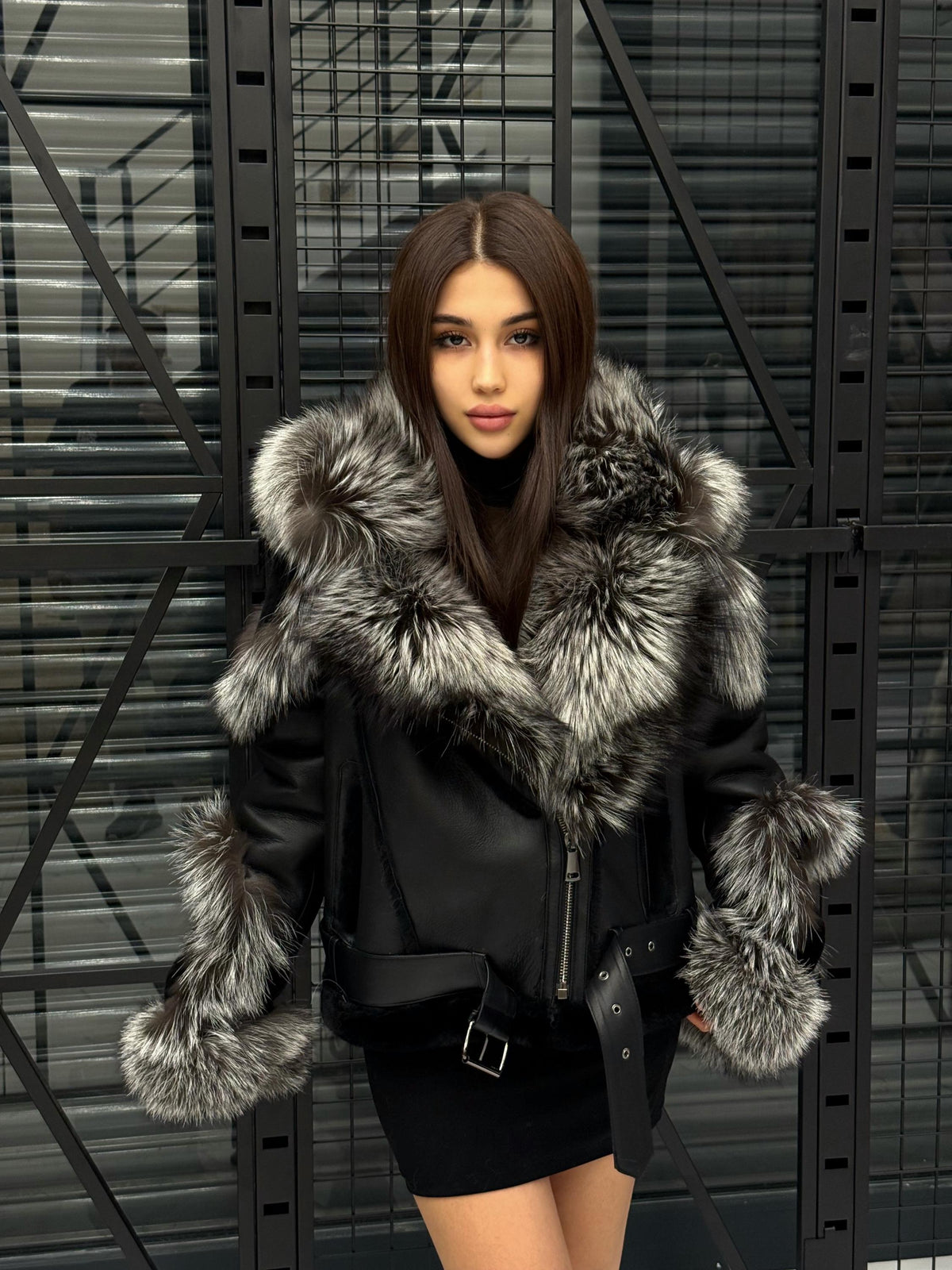 Black Unisex Biker Shearling Coat, Handmade Short Lambskin Argentina Fox Fur Jacket