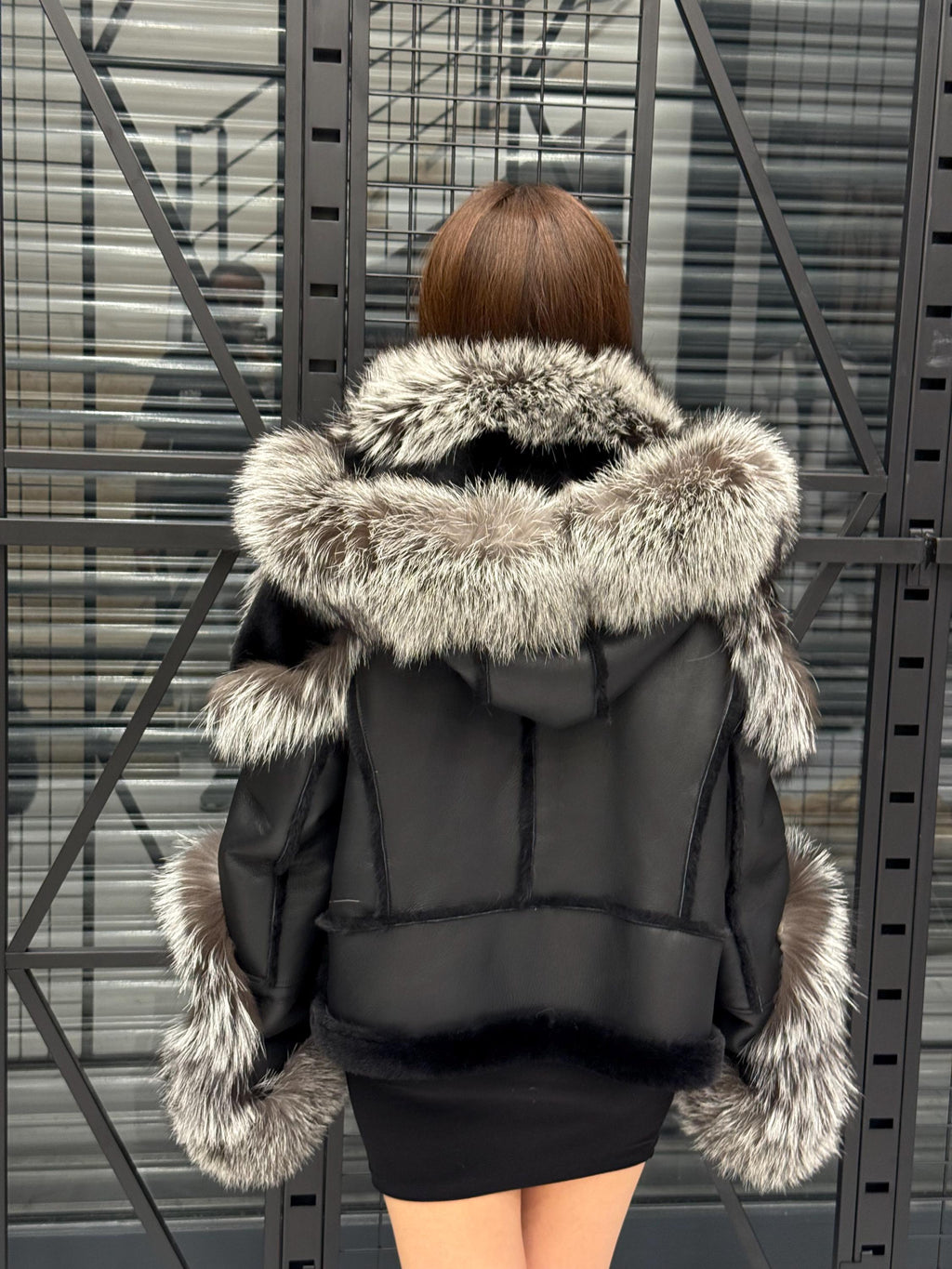 Black Unisex Biker Shearling Coat, Handmade Short Lambskin Argentina Fox Fur Jacket
