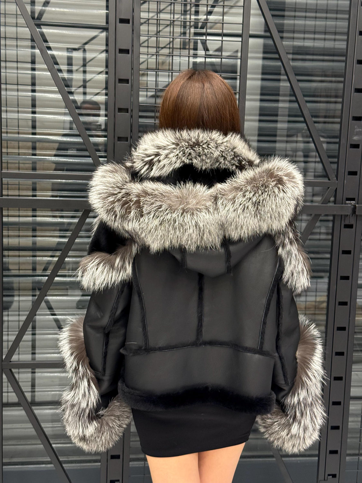 Black Unisex Biker Shearling Coat, Handmade Short Lambskin Argentina Fox Fur Jacket