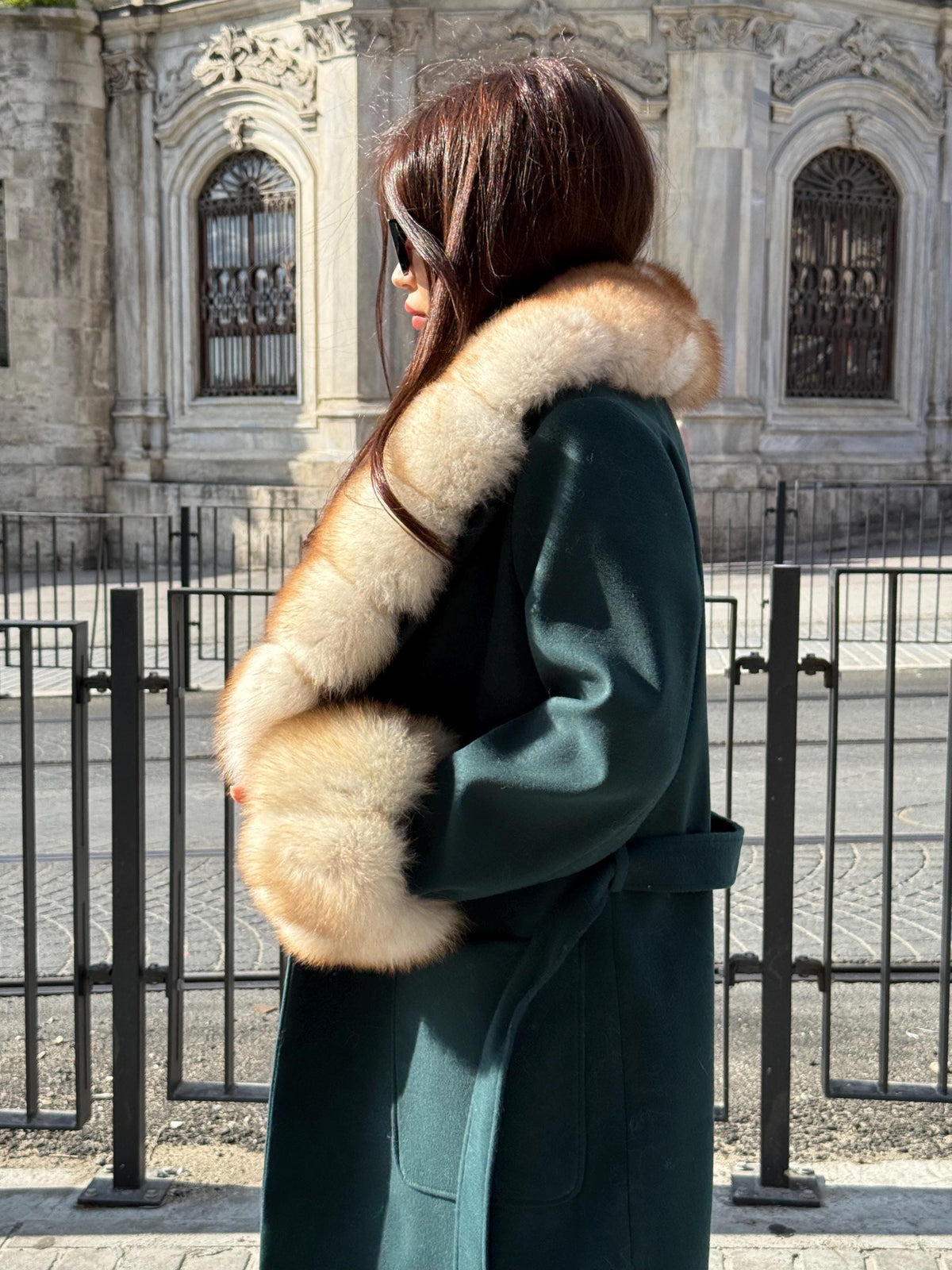 Emerald Green Cashmere Wool Long Coat, Handmade Women Collar Cuffs Fox Fur Jacket