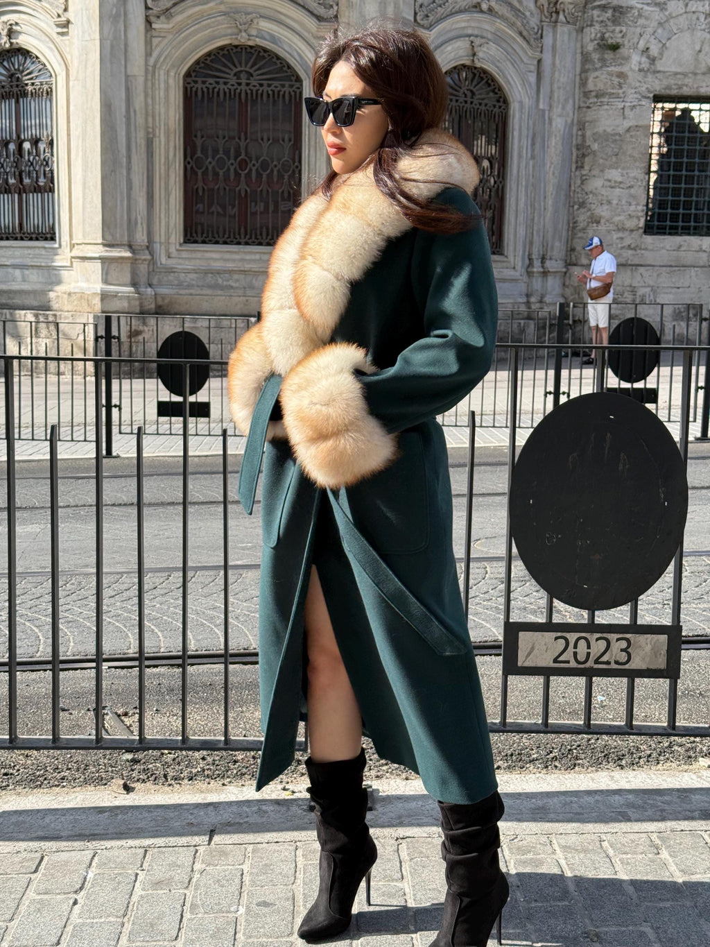 Emerald Green Cashmere Wool Long Coat, Handmade Women Collar Cuffs Fox Fur Jacket