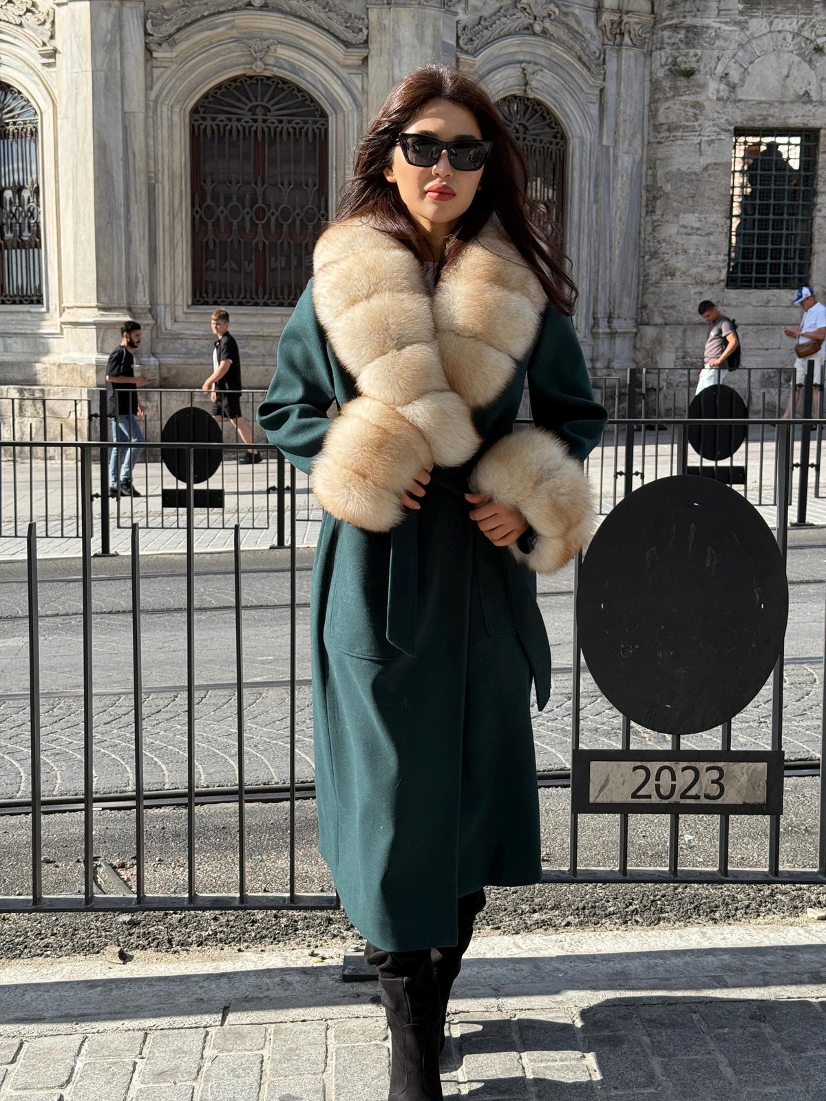 Emerald Green Cashmere Wool Long Coat, Handmade Women Collar Cuffs Fox Fur Jacket