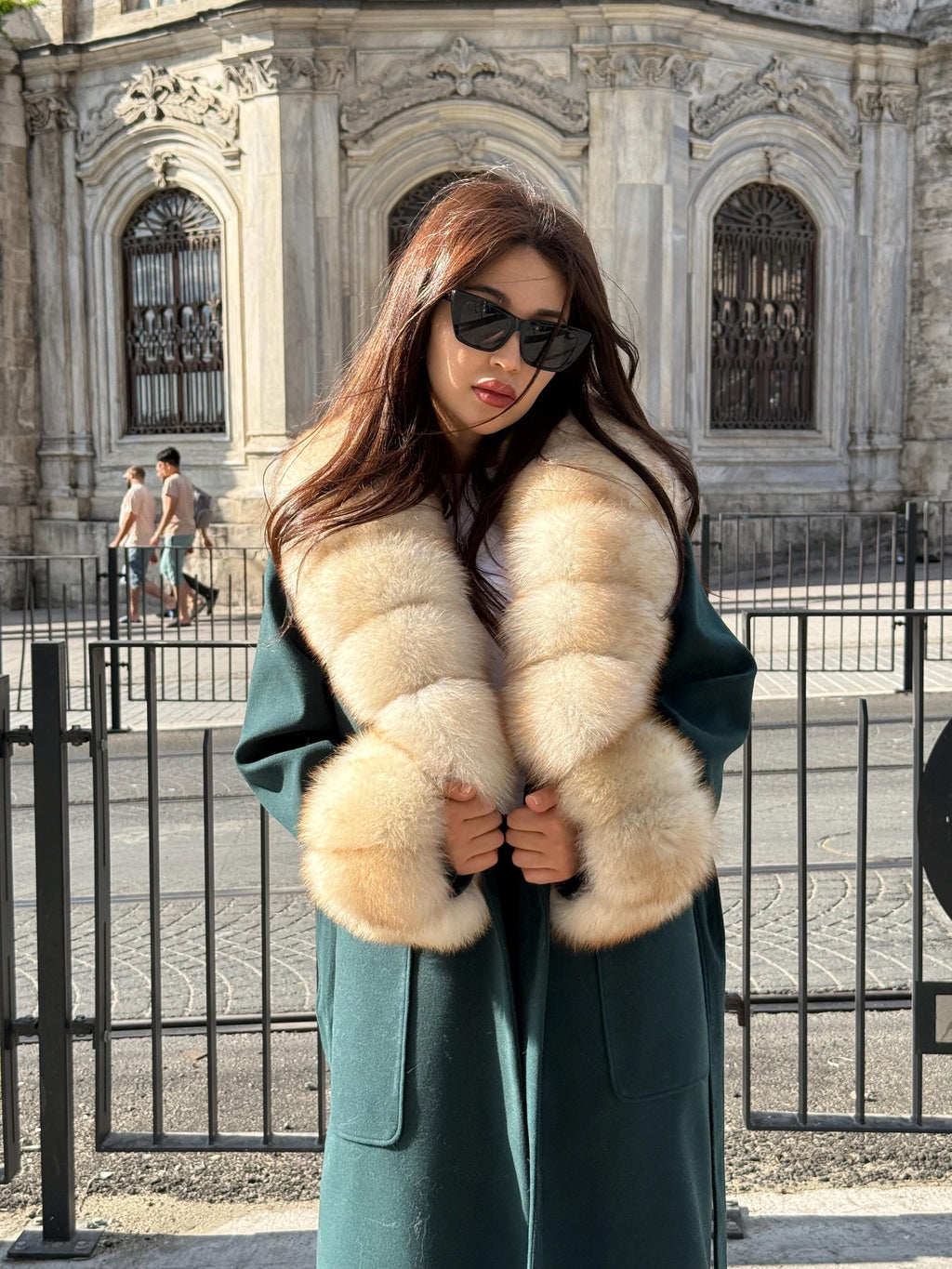 Emerald Green Cashmere Wool Long Coat, Handmade Women Collar Cuffs Fox Fur Jacket