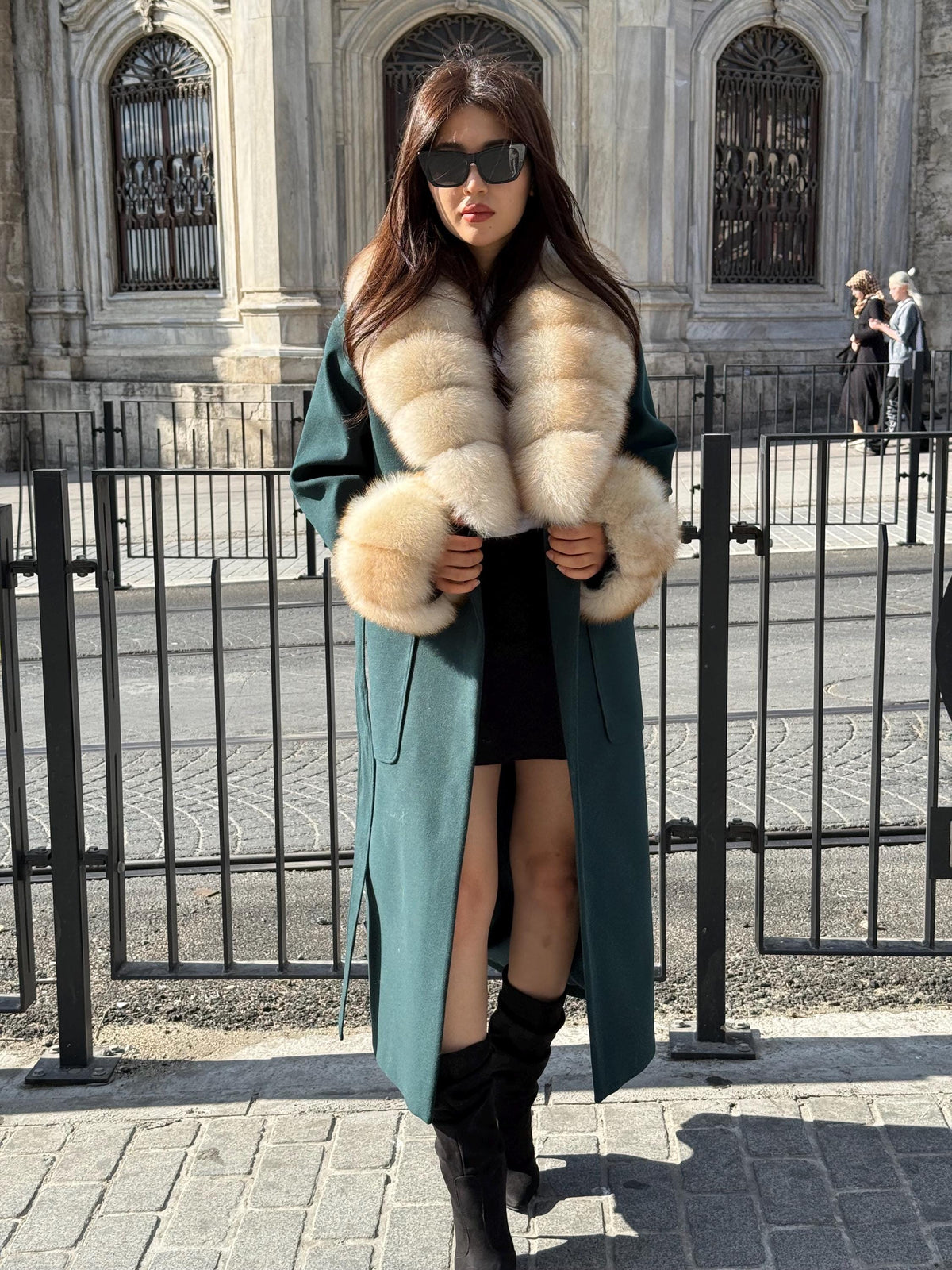 Emerald Green Cashmere Wool Long Coat, Handmade Women Collar Cuffs Fox Fur Jacket