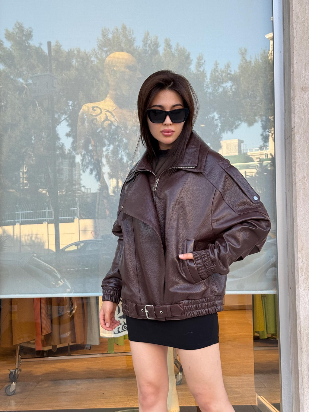 Burgundy Sheepskin Leather Bomber Jacket: Women's Oversized Coat