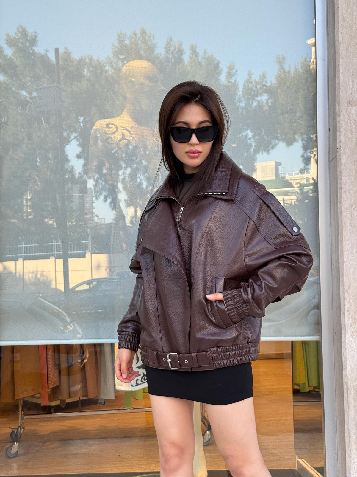Burgundy Sheepskin Leather Bomber Jacket: Women's Oversized Coat