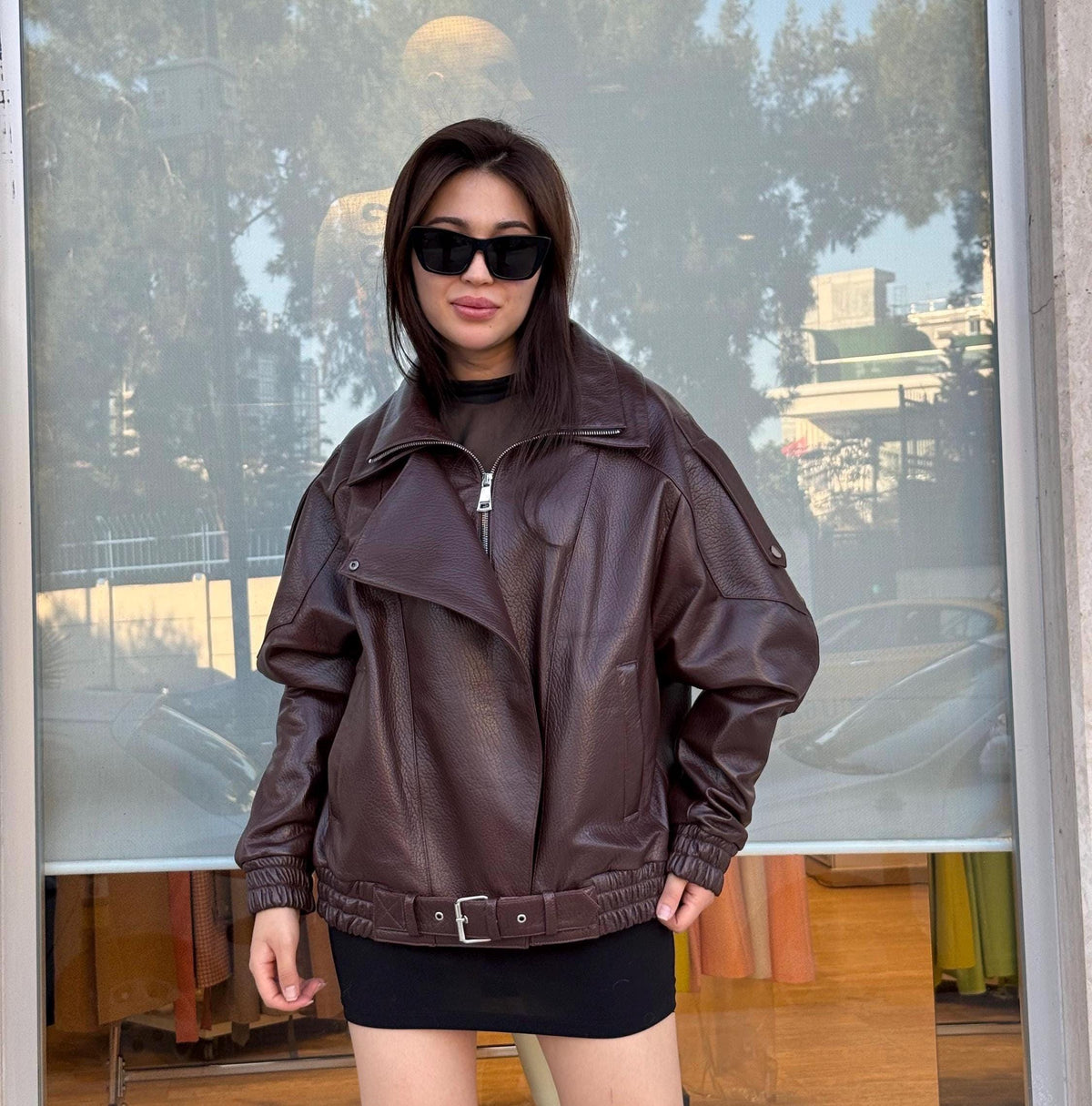 Burgundy Sheepskin Leather Bomber Jacket: Women's Oversized Coat