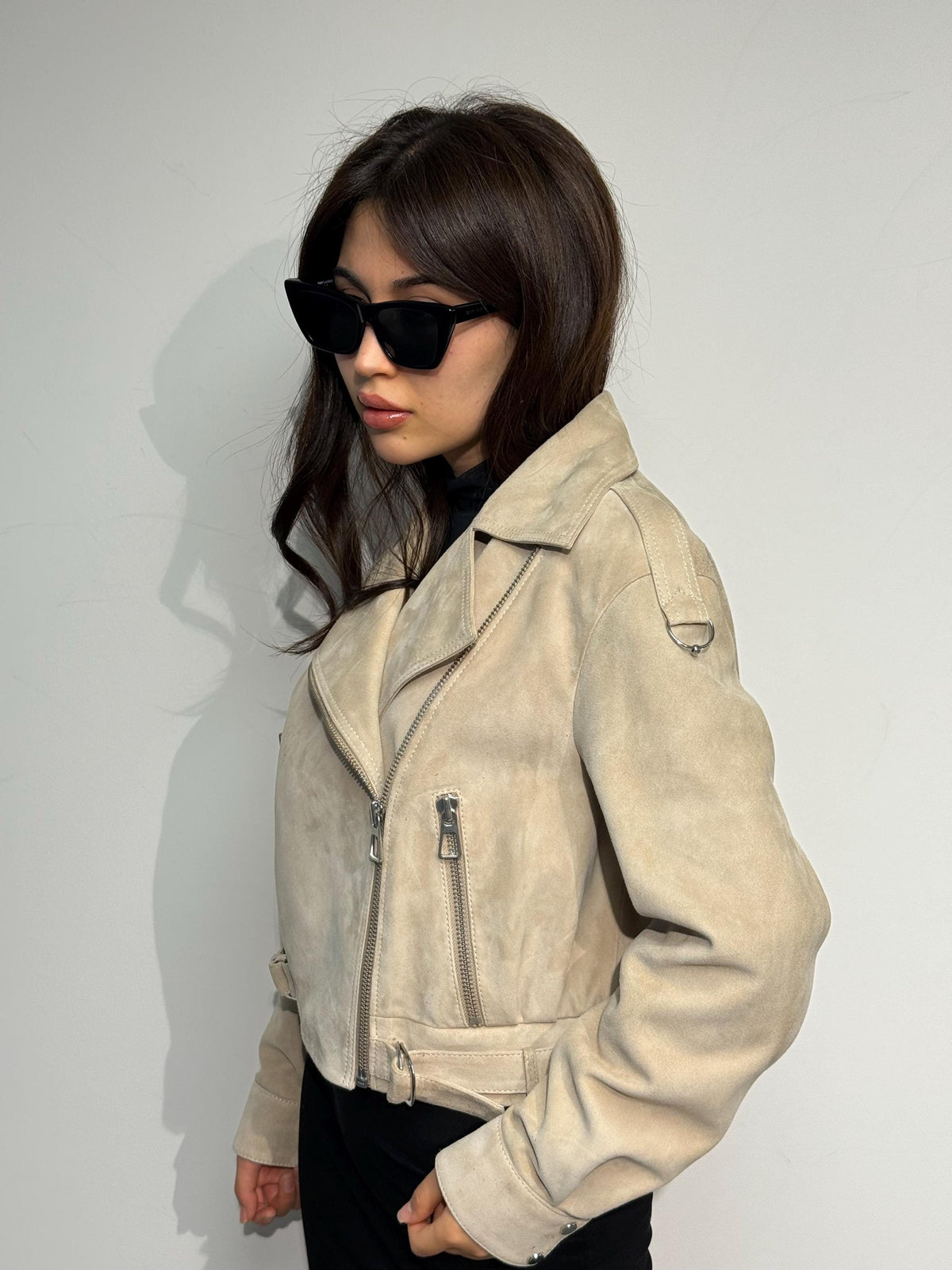 Cream Suede Leather Aviator Jacket - Handmade Oversized Biker Style