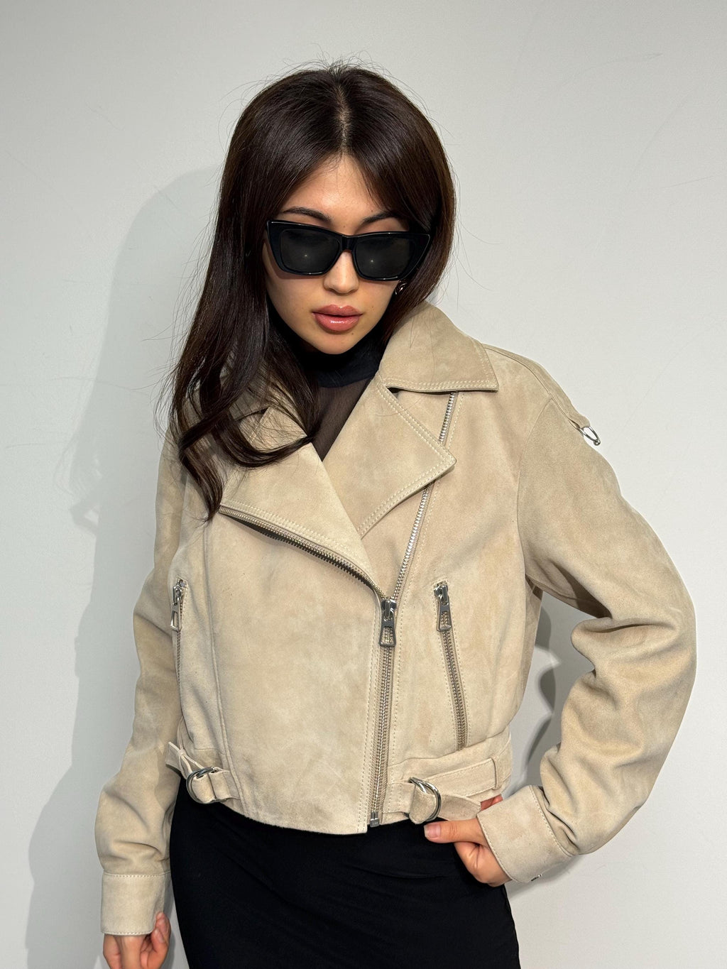 Cream Suede Leather Aviator Jacket - Handmade Oversized Biker Style