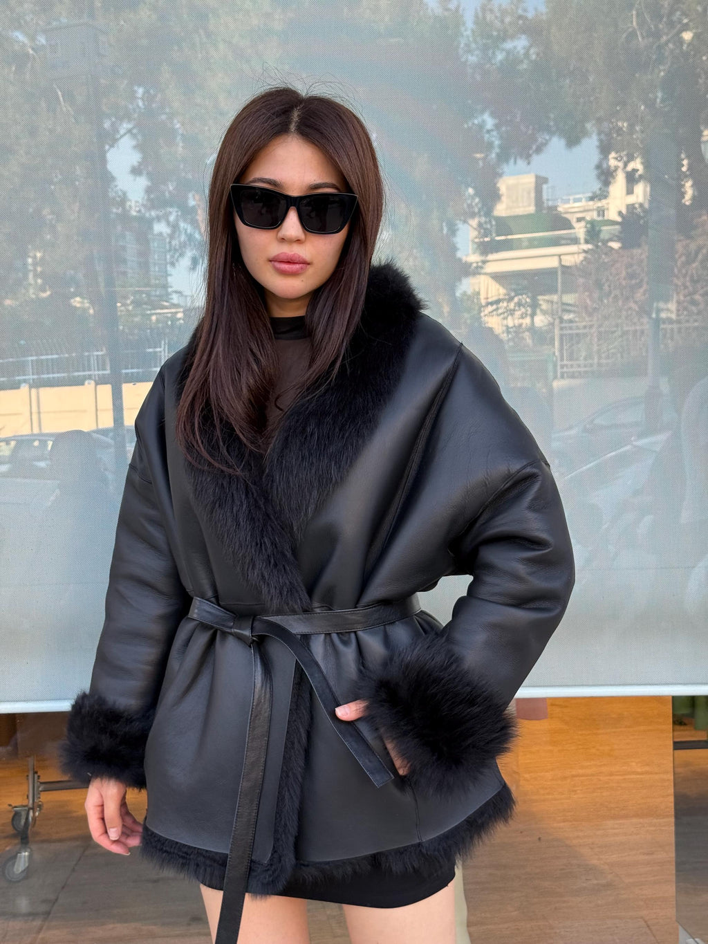 Reversible Black Shearling Coat: Handmade Winter Lamb Fur Jacket, Women Shearling Coat