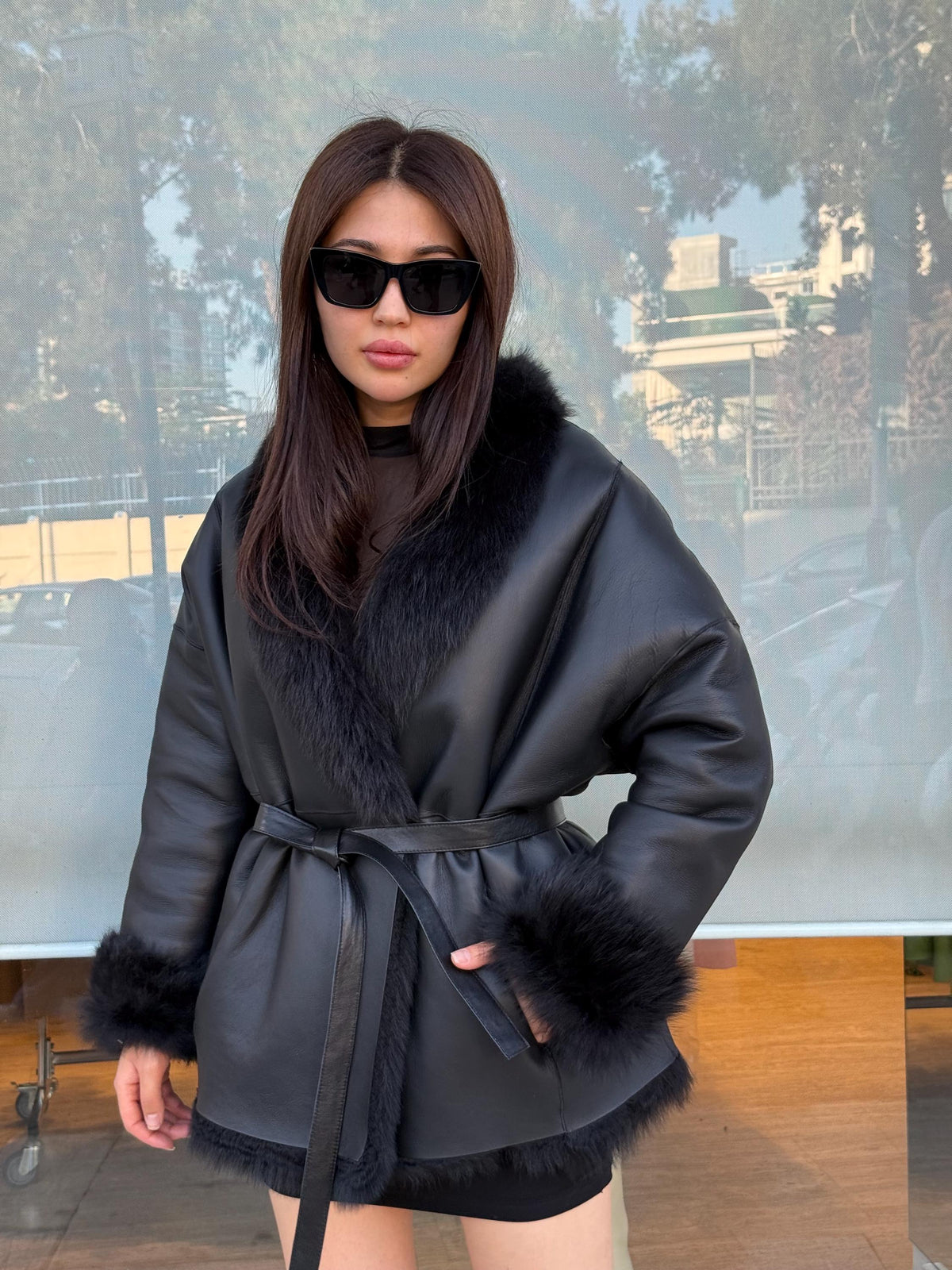 Reversible Black Shearling Coat: Handmade Winter Lamb Fur Jacket, Women Shearling Coat