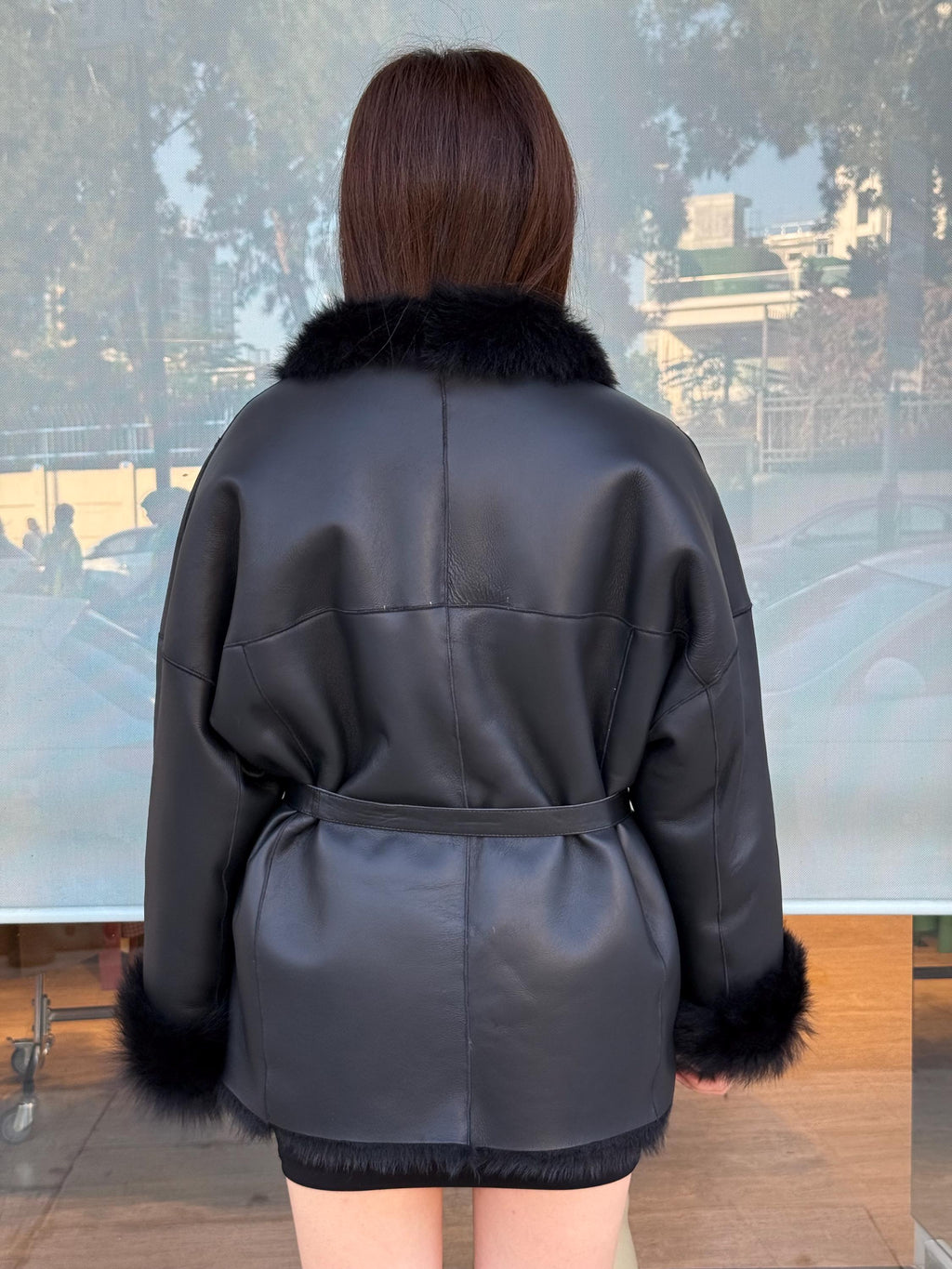 Reversible Black Shearling Coat: Handmade Winter Lamb Fur Jacket, Women Shearling Coat