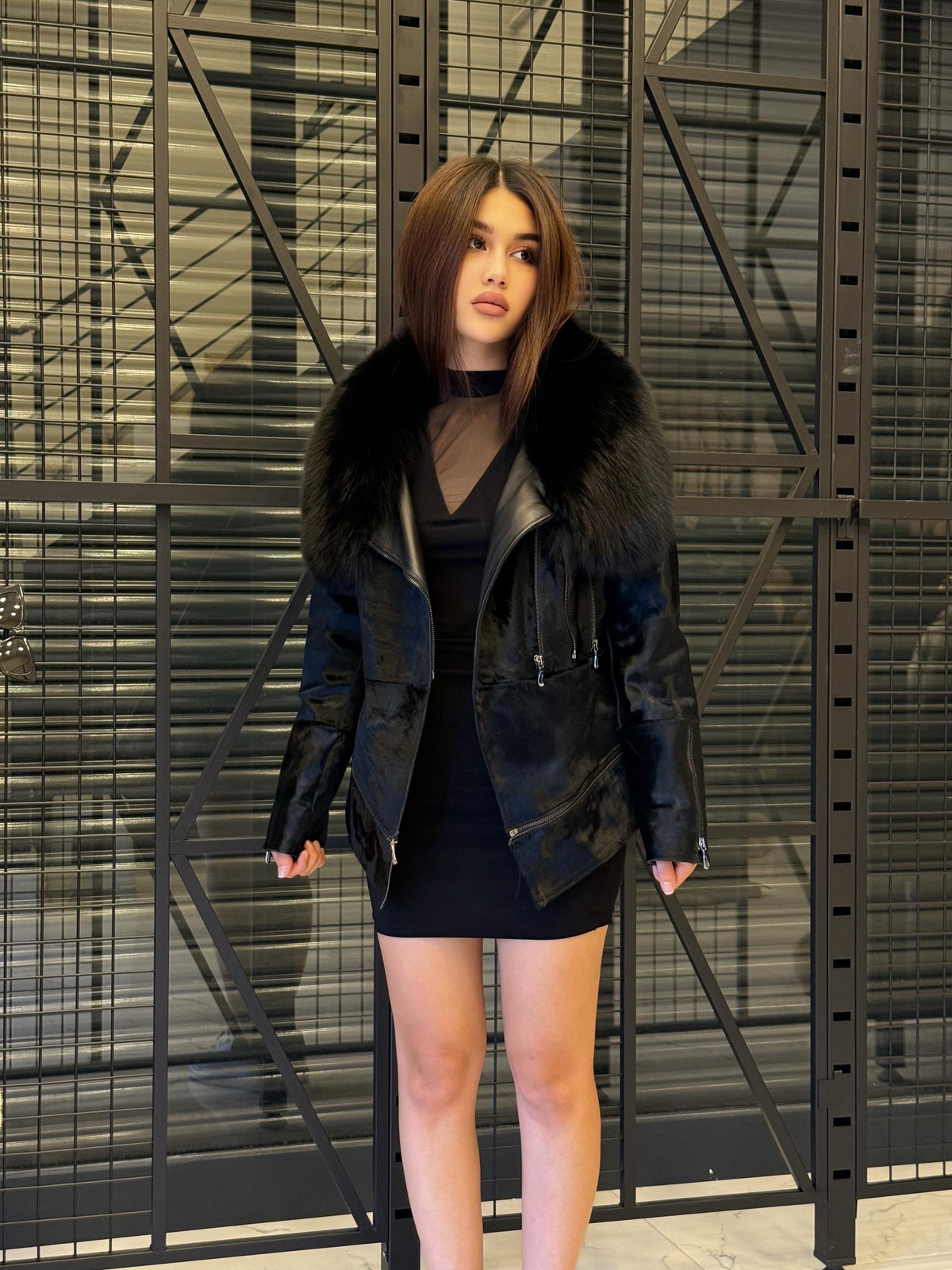 Handmade Black Pony Fur Jacket: Fox Fur Collar, Women's Short Coat