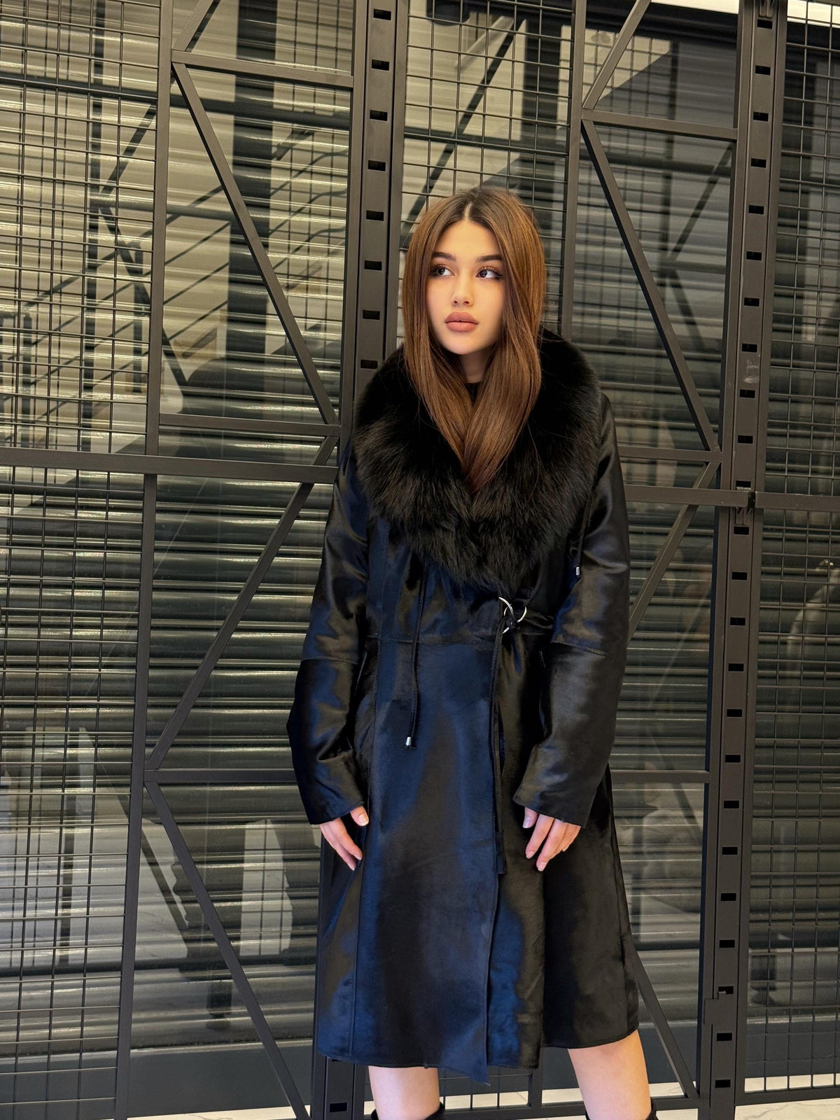 Black Pony Fur Jacket With Fox Fur Trim – Handmade Women’s Long Coat, Limited Edition Jacket