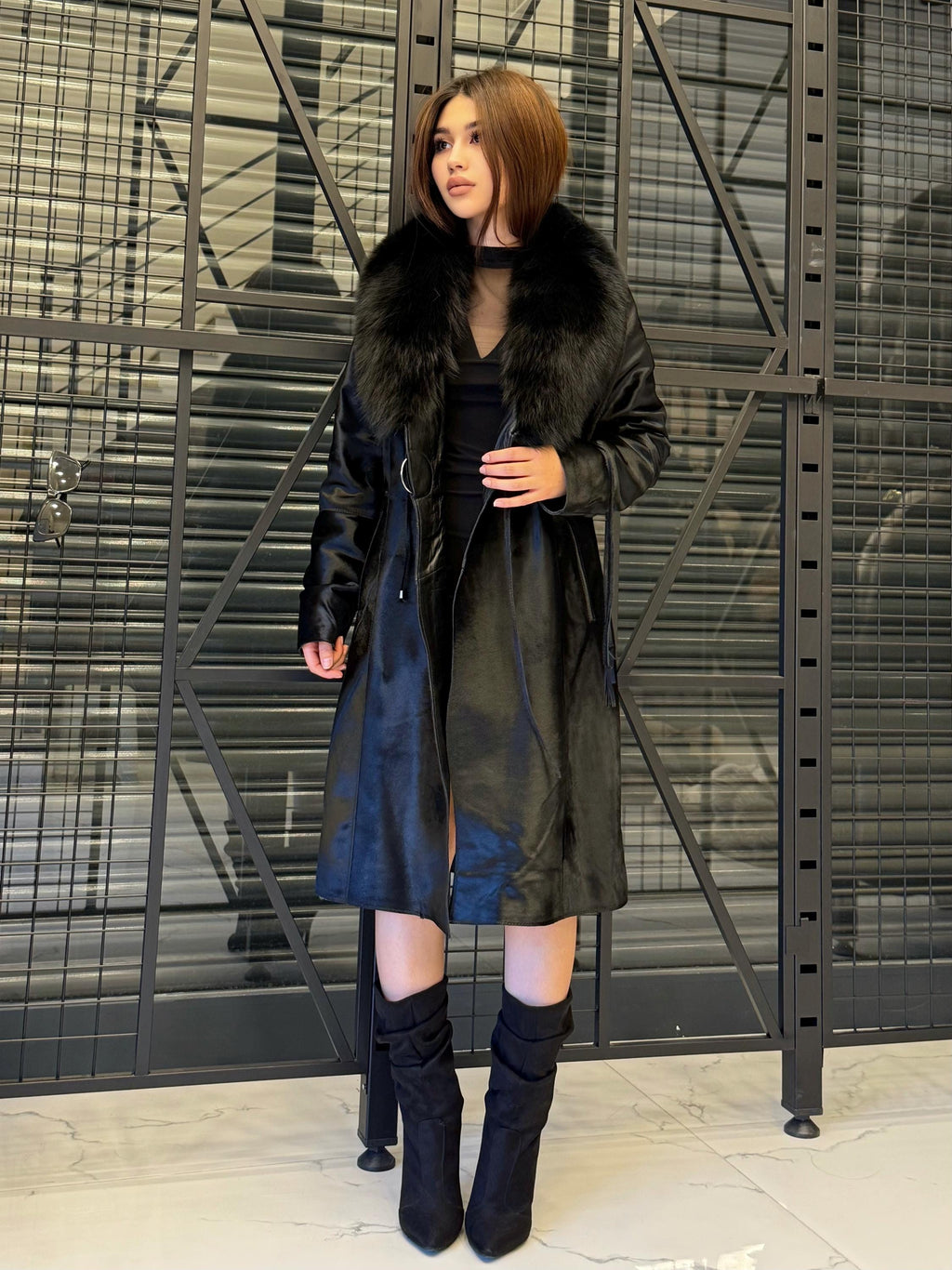 Black Pony Fur Jacket With Fox Fur Trim – Handmade Women’s Long Coat, Limited Edition Jacket