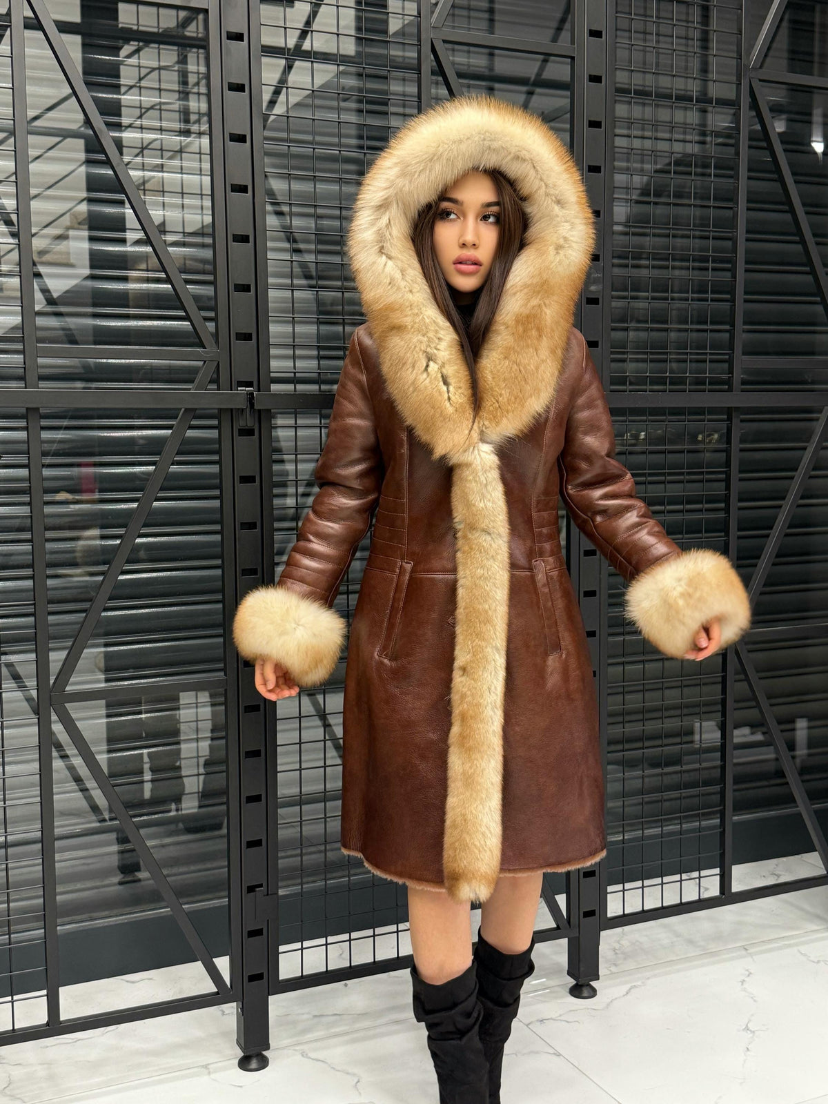 Brown Lamb Fur Coat: Golden Fox Trim Hooded Long Shearling Jacket Women