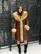 Brown Lamb Fur Coat: Golden Fox Trim Hooded Long Shearling Jacket Women