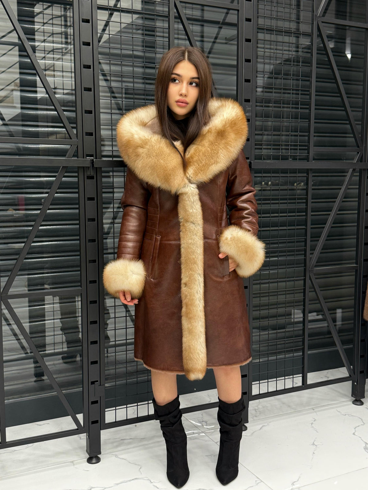 Brown Lamb Fur Coat: Golden Fox Trim Hooded Long Shearling Jacket Women