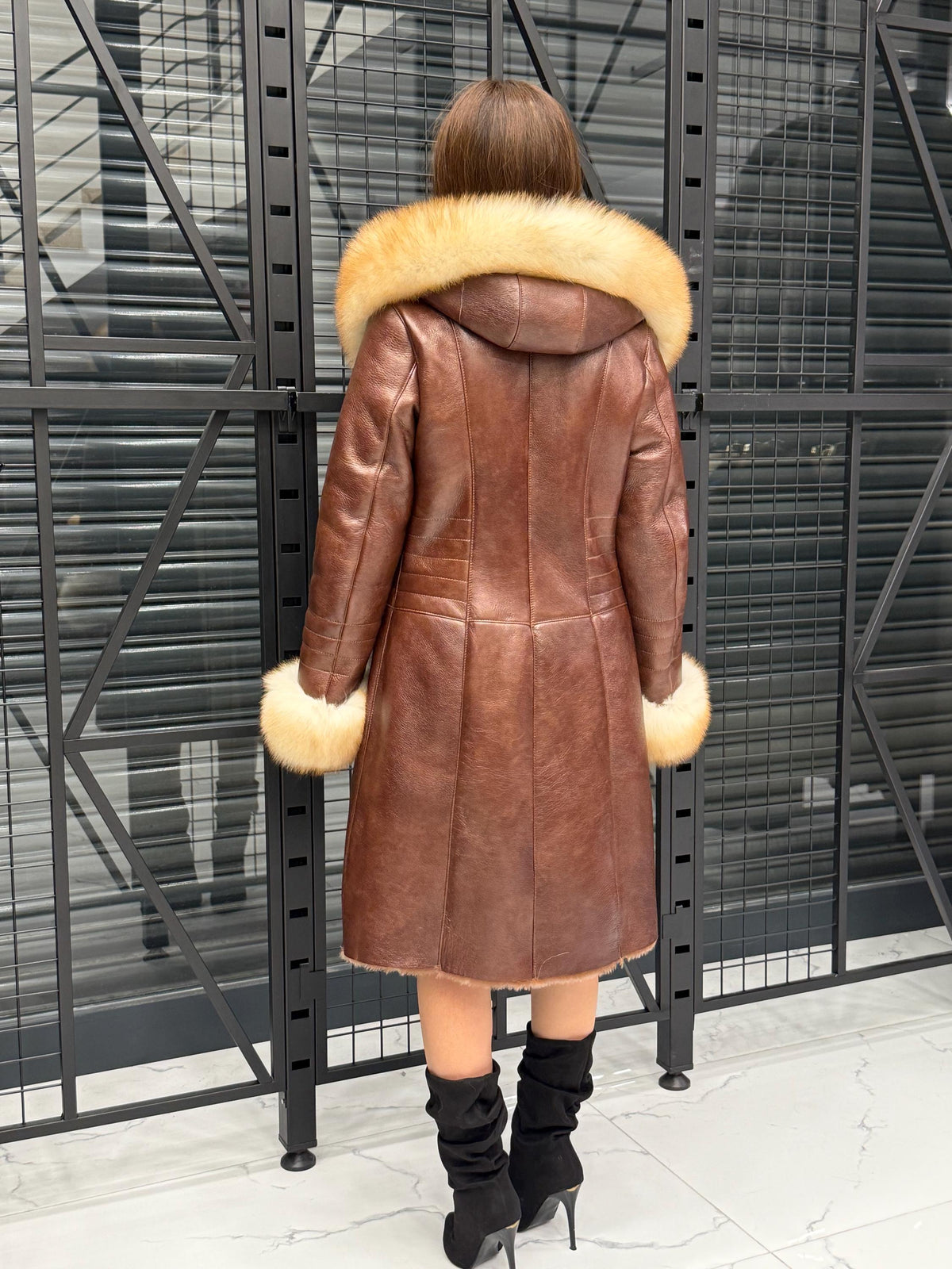 Brown Lamb Fur Coat: Golden Fox Trim Hooded Long Shearling Jacket Women