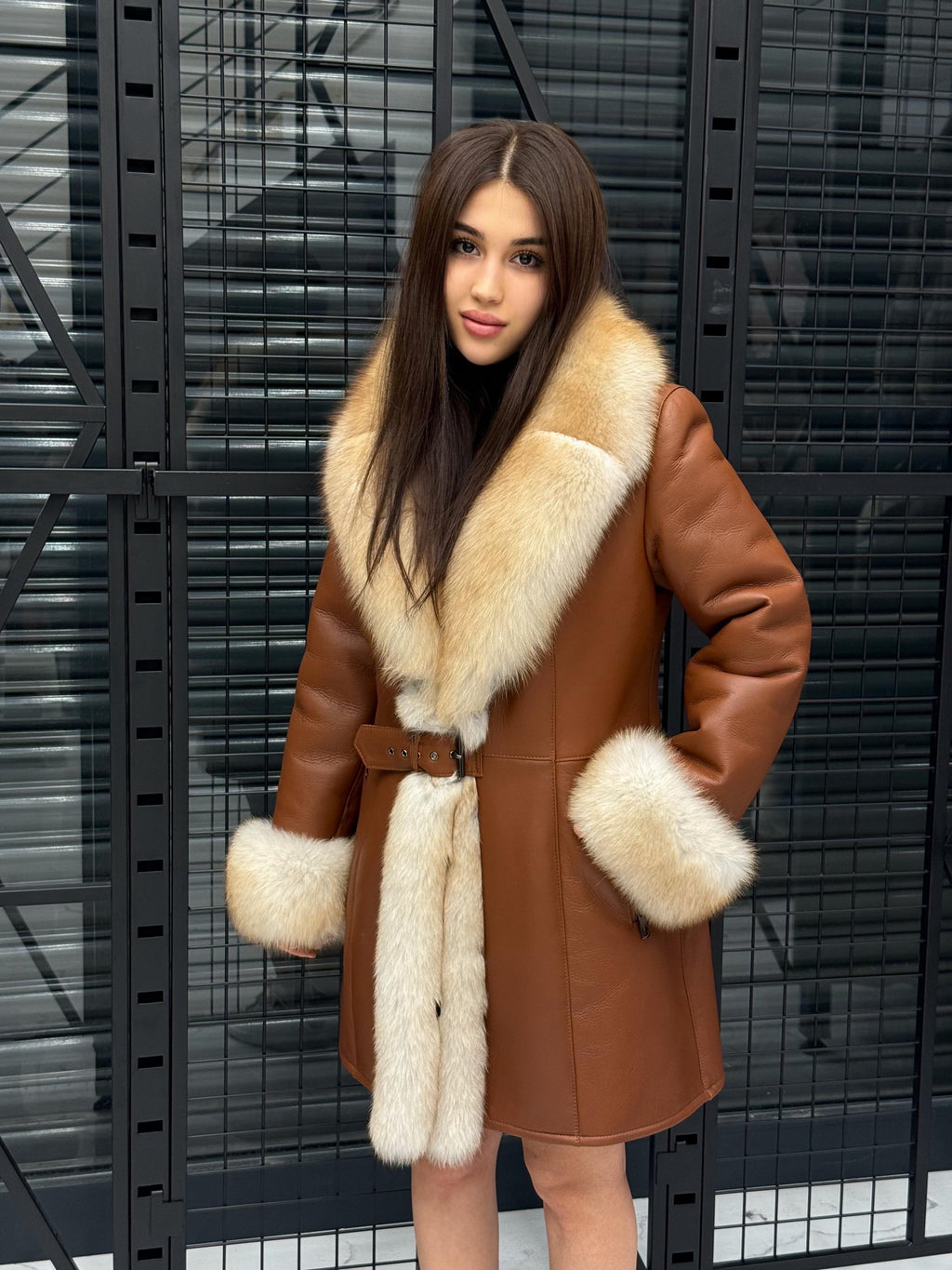 Handmade Lamb Fur Coat: Golden Fox Trim, Women Luxury Winter Shearling Jacket