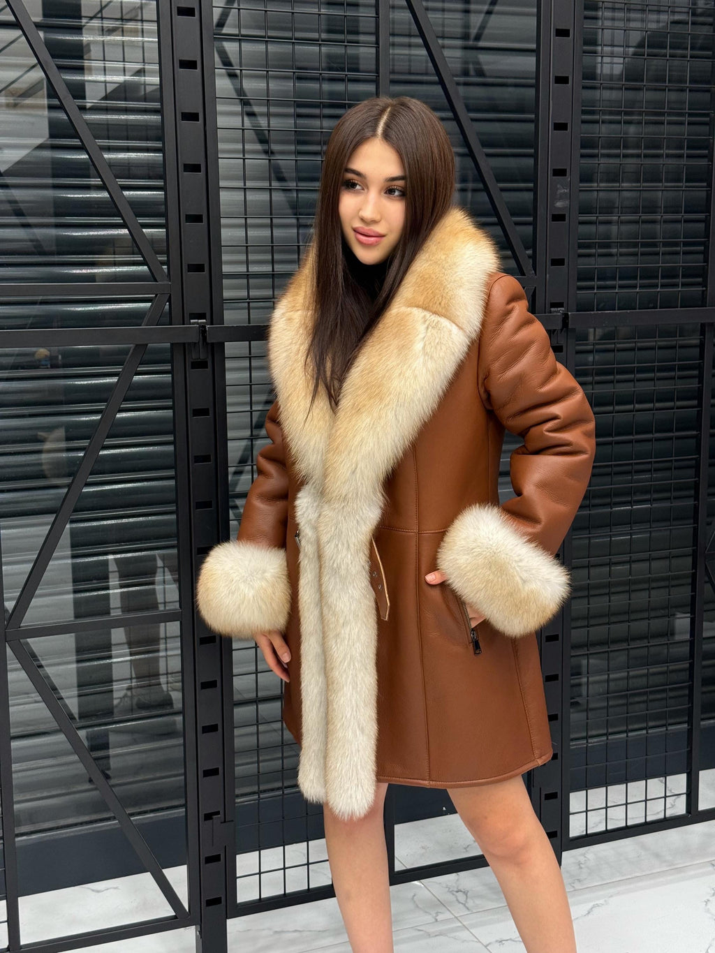 Handmade Lamb Fur Coat: Golden Fox Trim, Women Luxury Winter Shearling Jacket