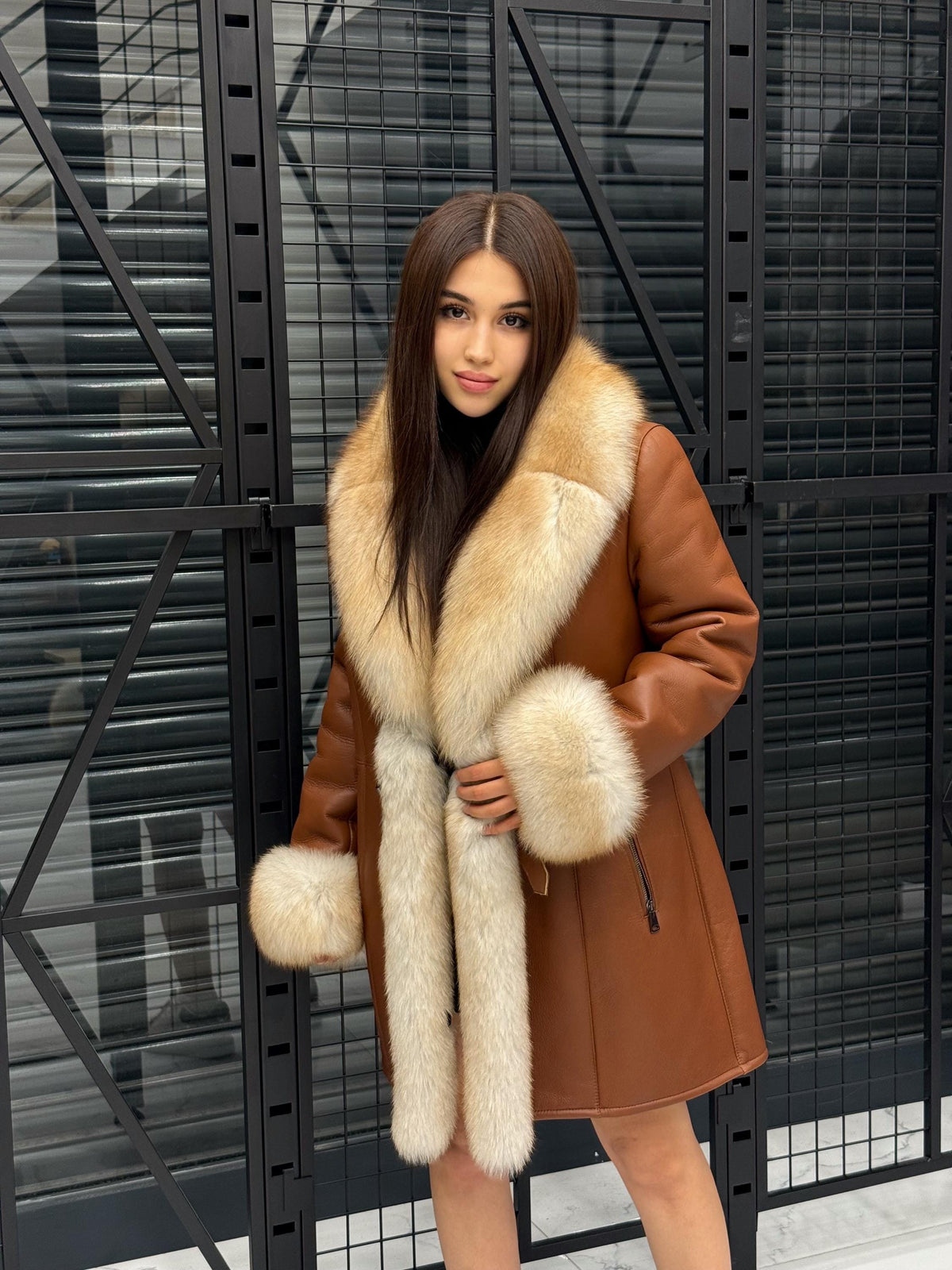 Handmade Lamb Fur Coat: Golden Fox Trim, Women Luxury Winter Shearling Jacket
