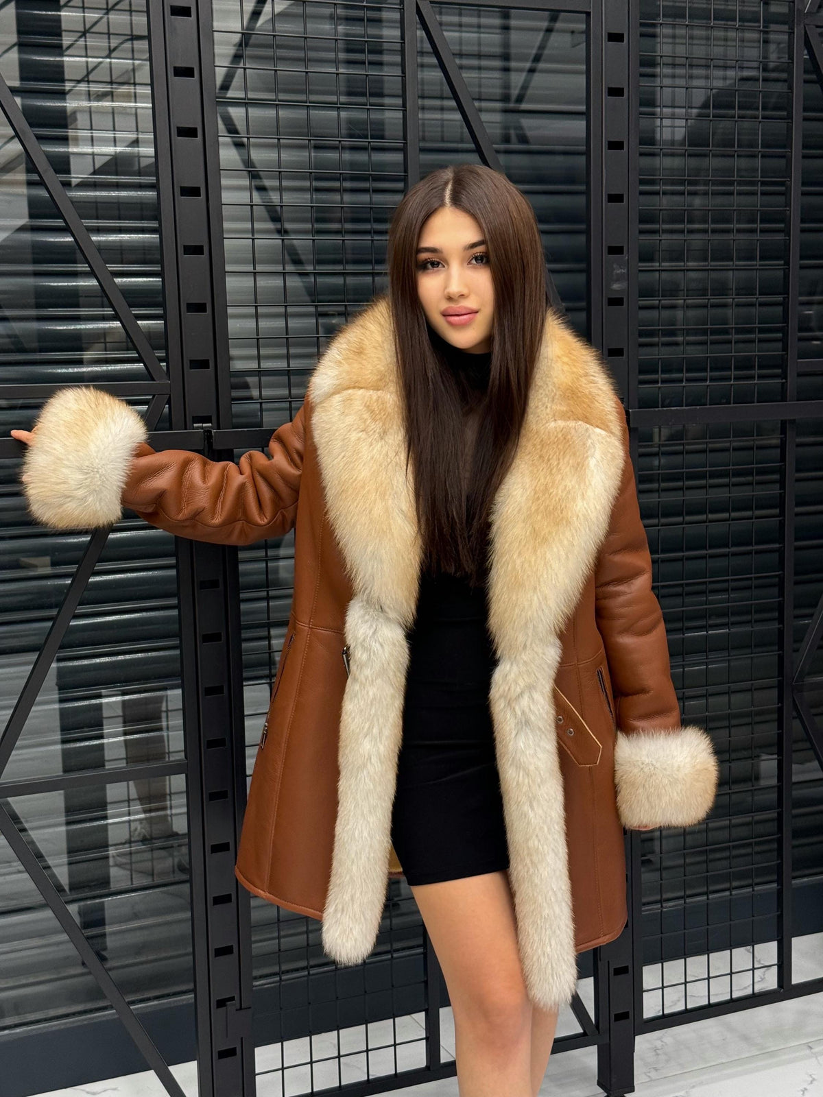Handmade Lamb Fur Coat: Golden Fox Trim, Women Luxury Winter Shearling Jacket