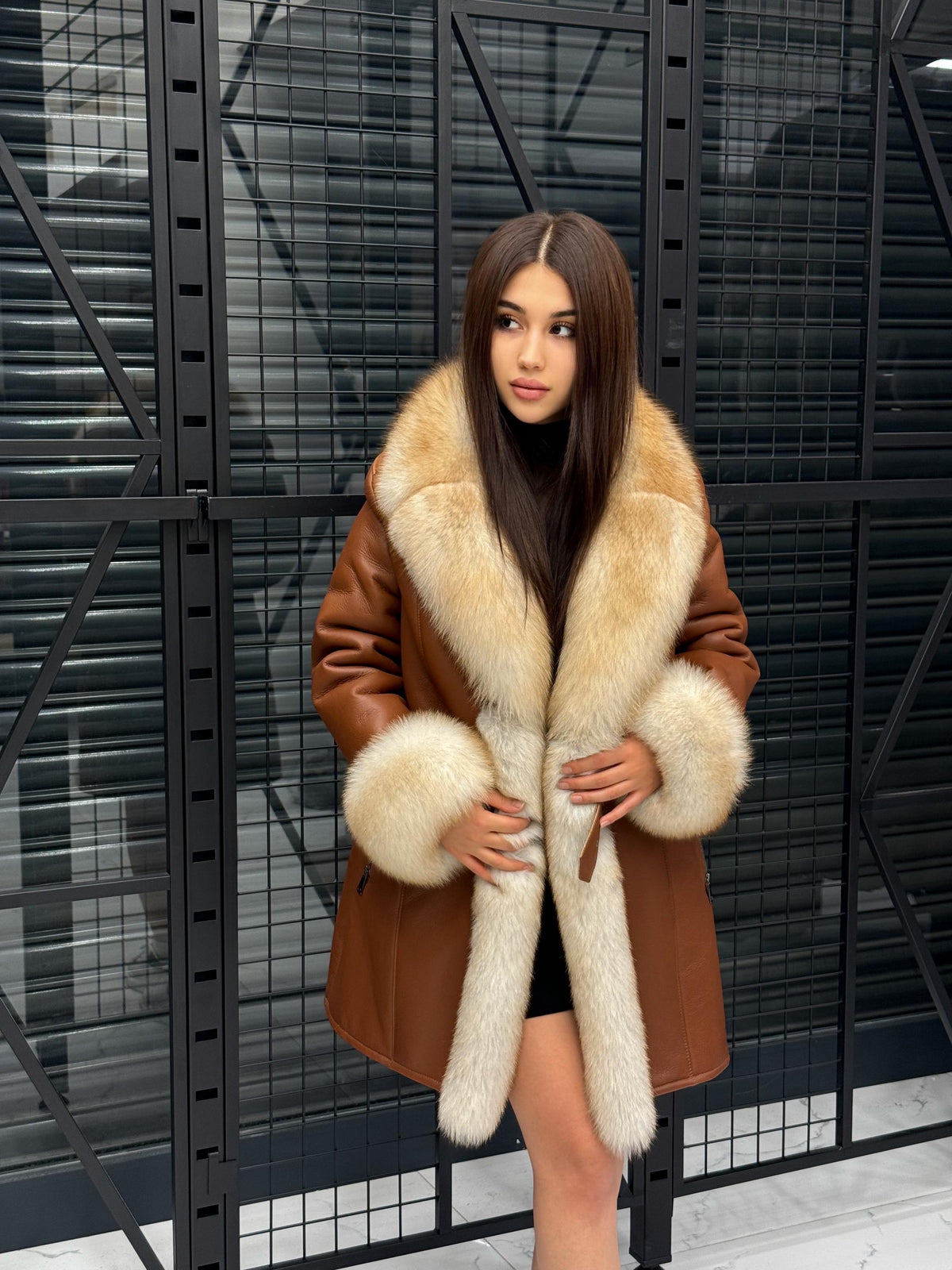 Handmade Lamb Fur Coat: Golden Fox Trim, Women Luxury Winter Shearling Jacket