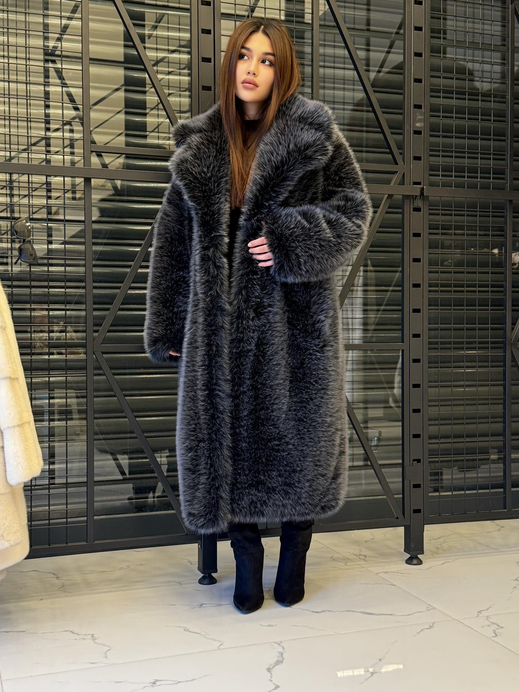Handmade Faux Toscana Fur Coat: Long Gray Vegan Winter Coat