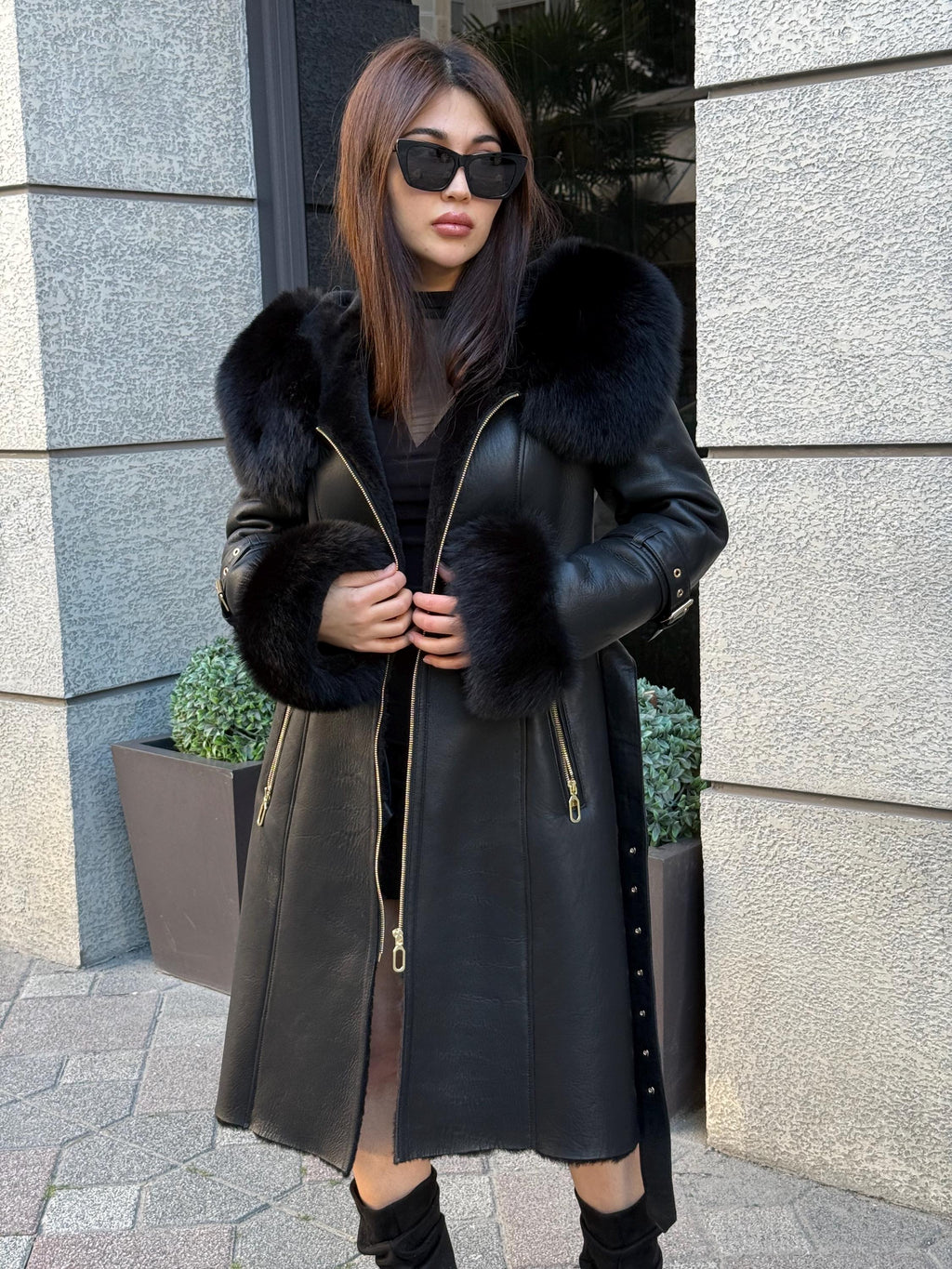 Black Long Shearling Coat, Women’s Lambskin Hood Cuffs - Fox Fur Jacket