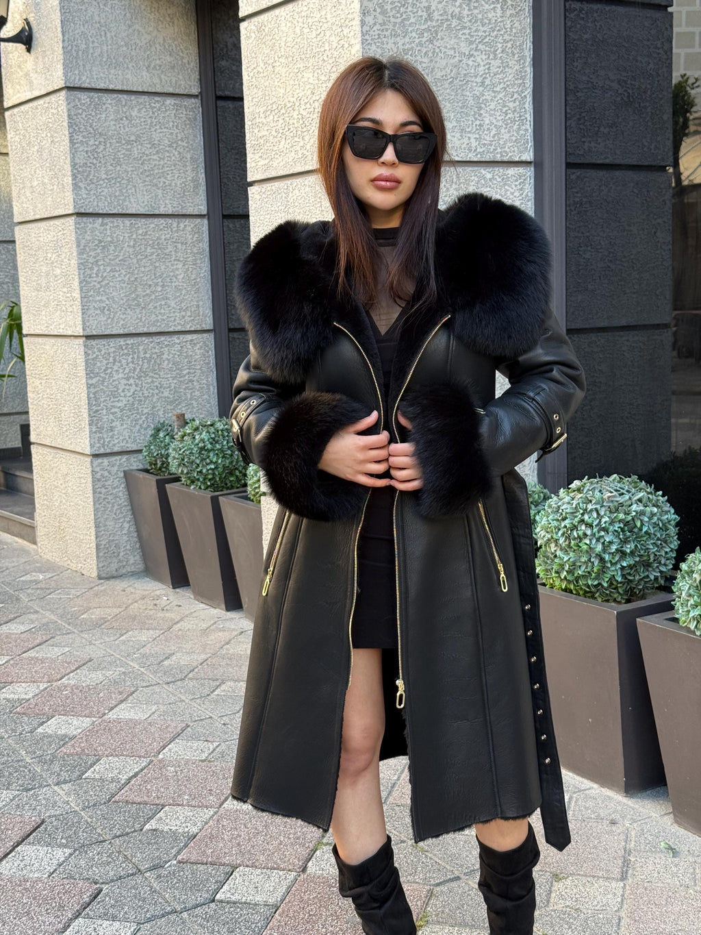 Black Long Shearling Coat, Women’s Lambskin Hood Cuffs - Fox Fur Jacket