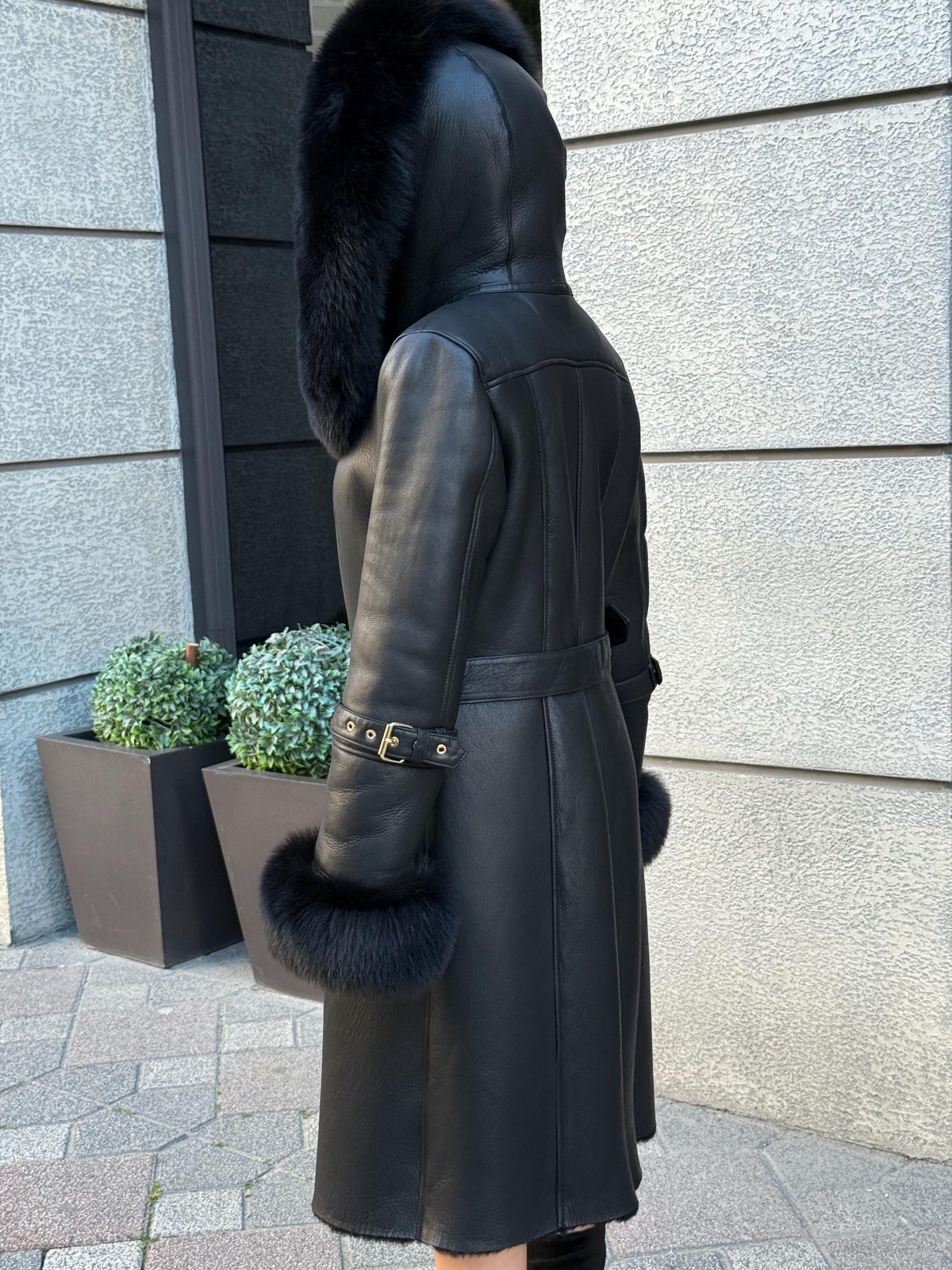 Black Long Shearling Coat, Women’s Lambskin Hood Cuffs - Fox Fur Jacket