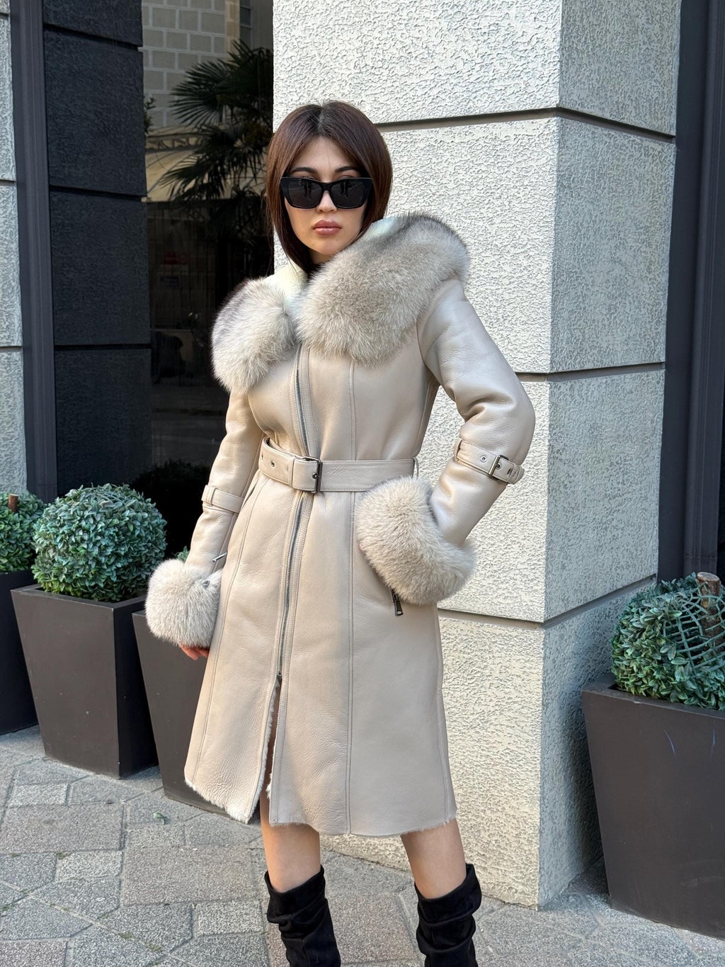 Beige Long Shearling Coat, Women’s Handmade Lamb Hood Cuffs - Fox Fur Jacket