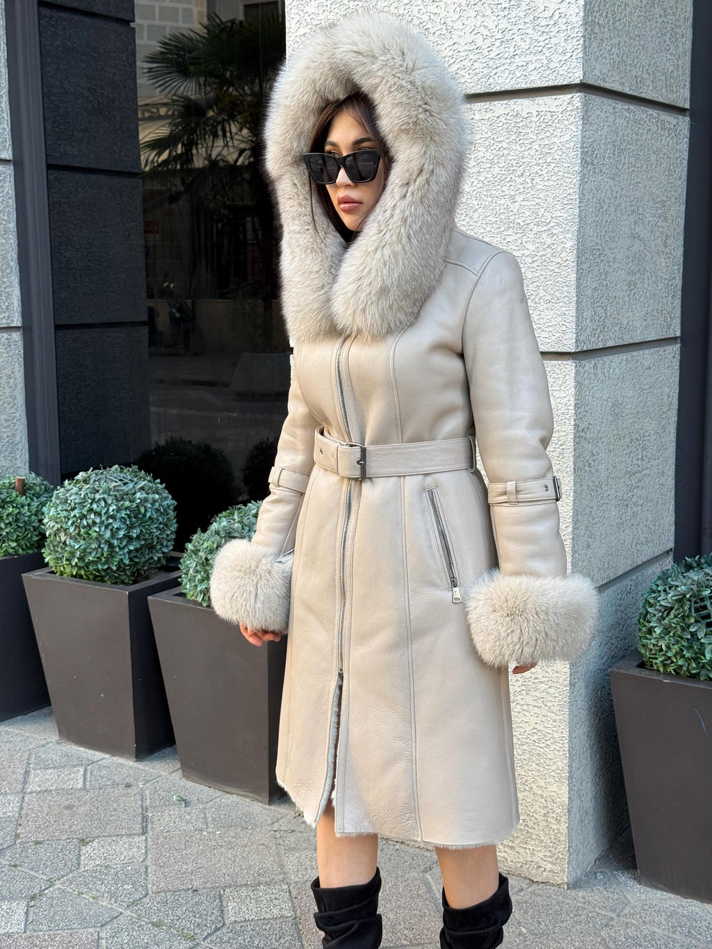 Beige Long Shearling Coat, Women’s Handmade Lamb Hood Cuffs - Fox Fur Jacket